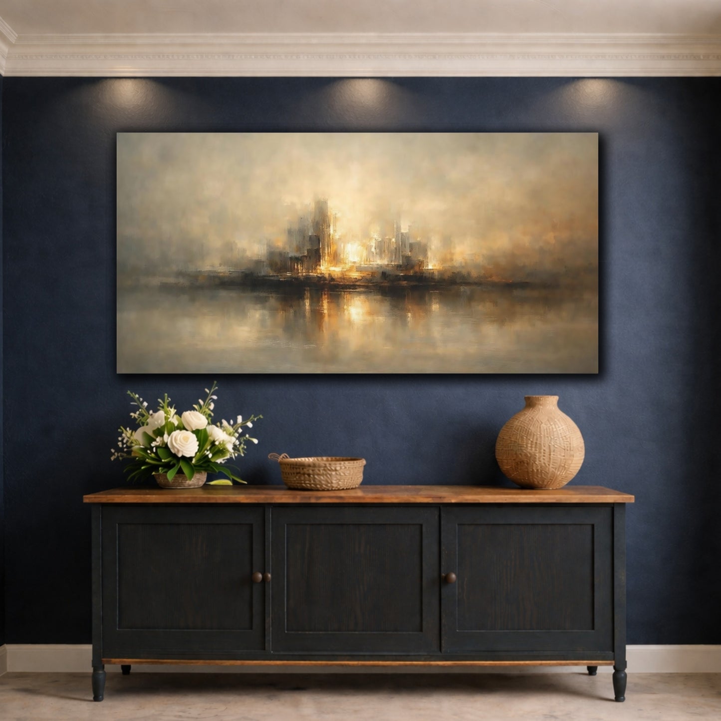 Mockup 4. Abstract Cityscape Gold And Grey City shown as stretched canvas wall art