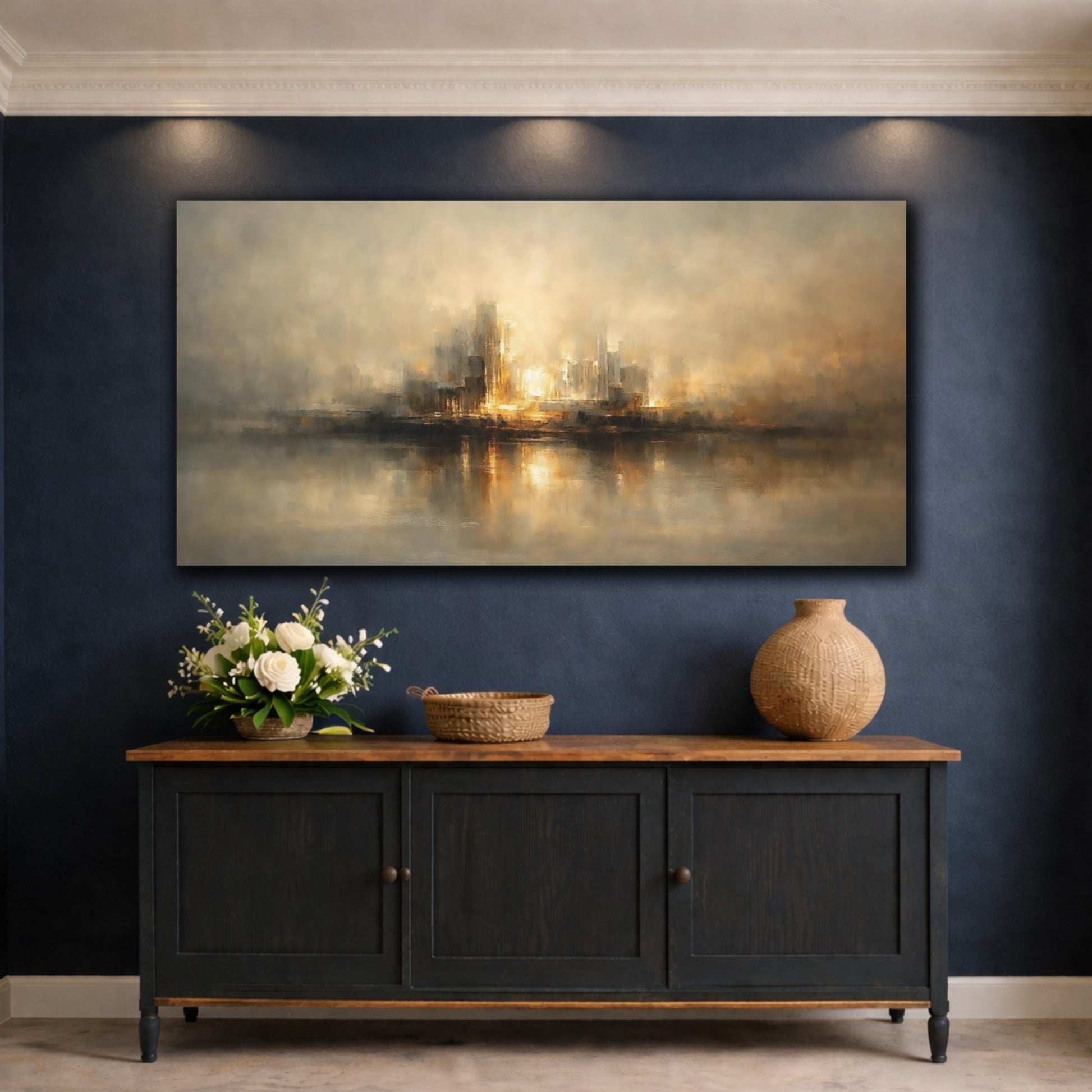 Mockup 4. Abstract Cityscape Gold And Grey City shown as stretched canvas wall art