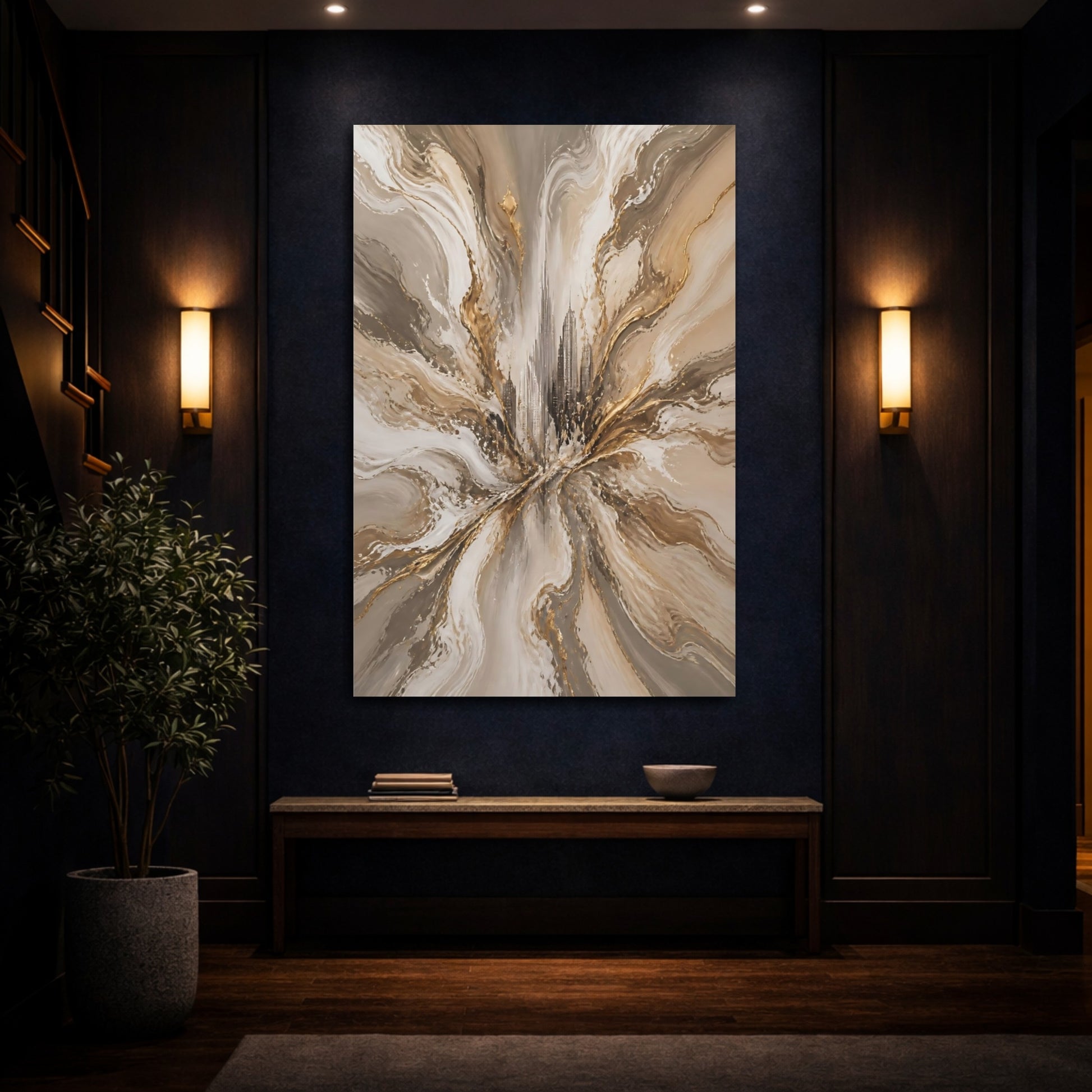 Mockup 4. Abstract Cityscape Gold And Grey shown as stretched canvas wall art