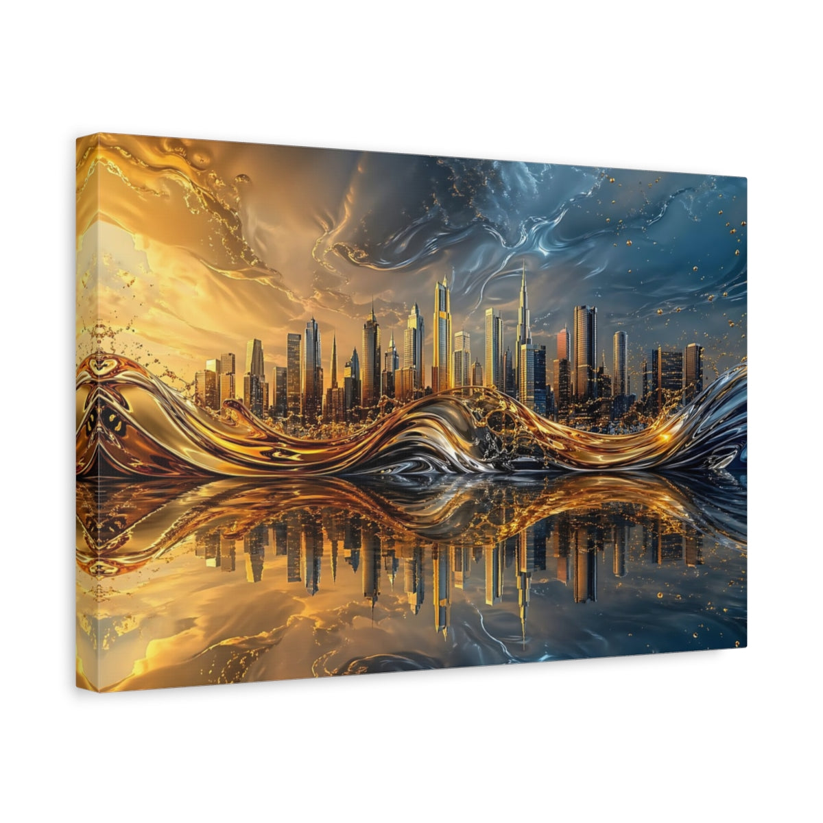 Side Mockup 4. Abstract Cityscape Gold Blue City shown as stretched canvas wall art