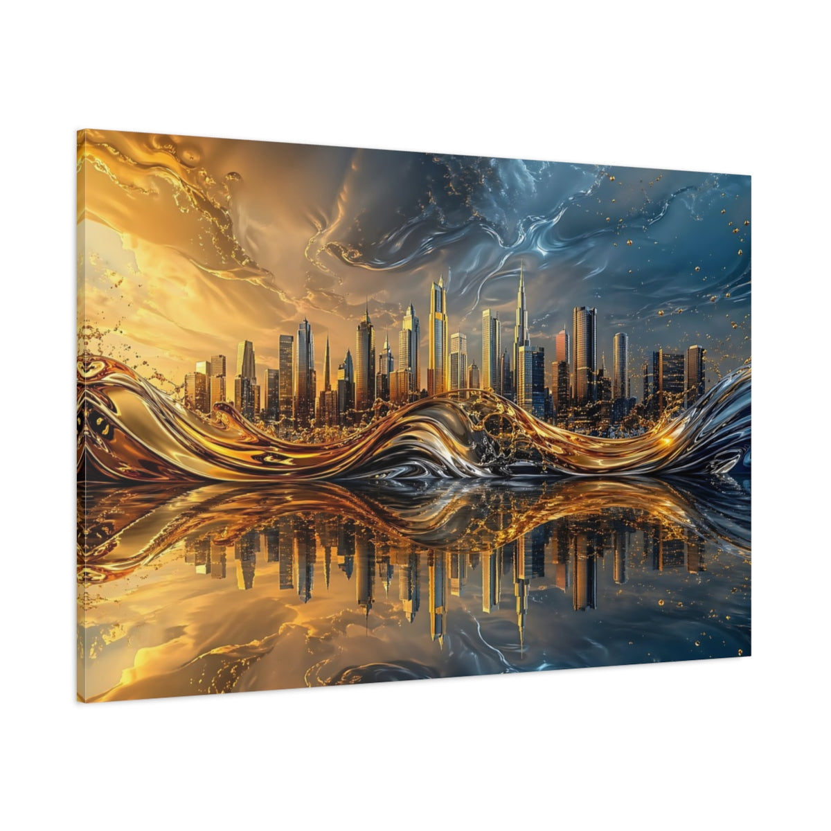 Side Mockup 1. Abstract Cityscape Gold Blue City shown as stretched canvas wall art