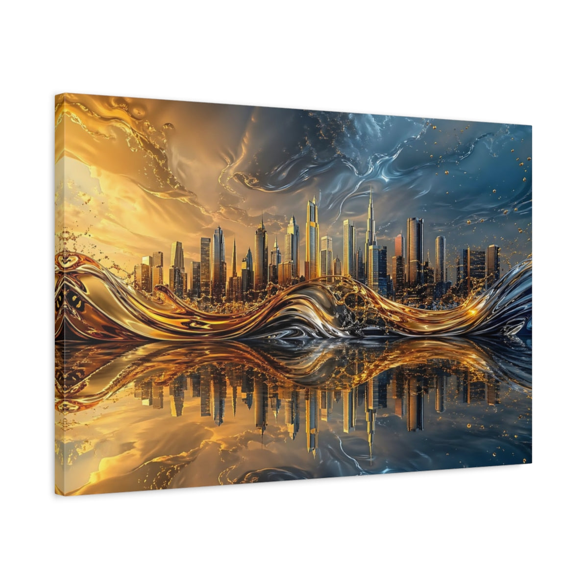 Side Mockup 2. Abstract Cityscape Gold Blue City shown as stretched canvas wall art