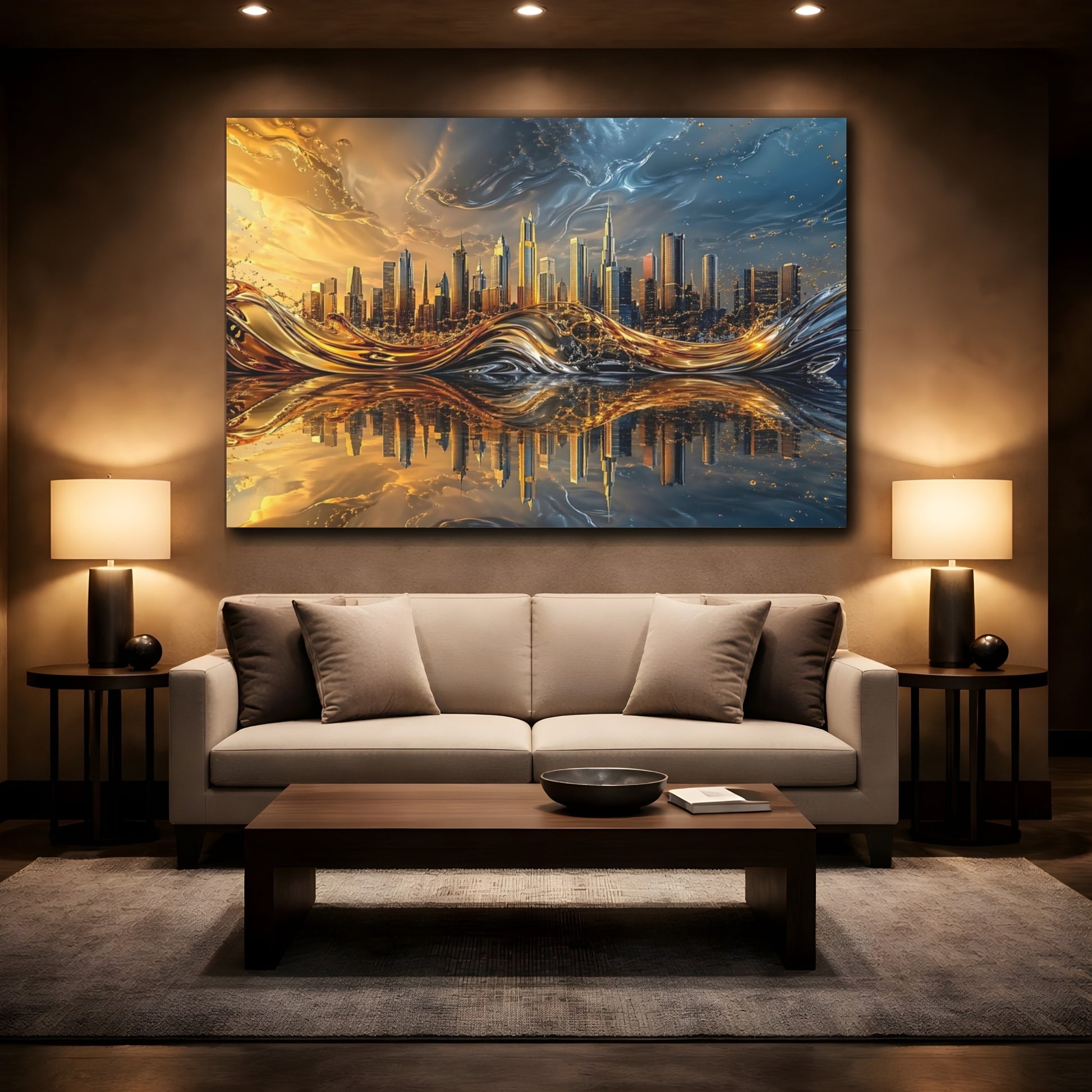 Mockup 2. Abstract Cityscape Gold Blue City shown as stretched canvas wall art