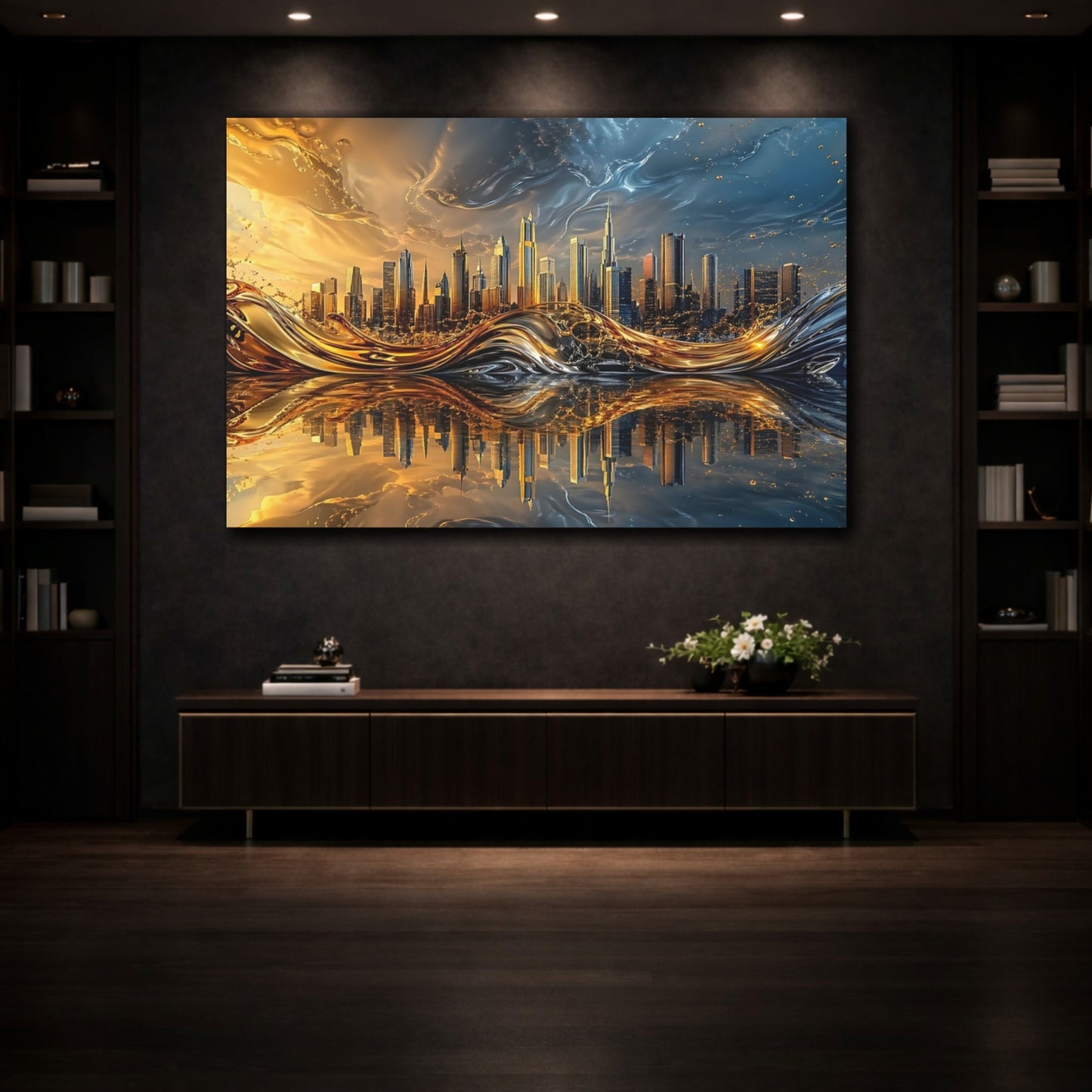 Mockup 3. Abstract Cityscape Gold Blue City shown as stretched canvas wall art