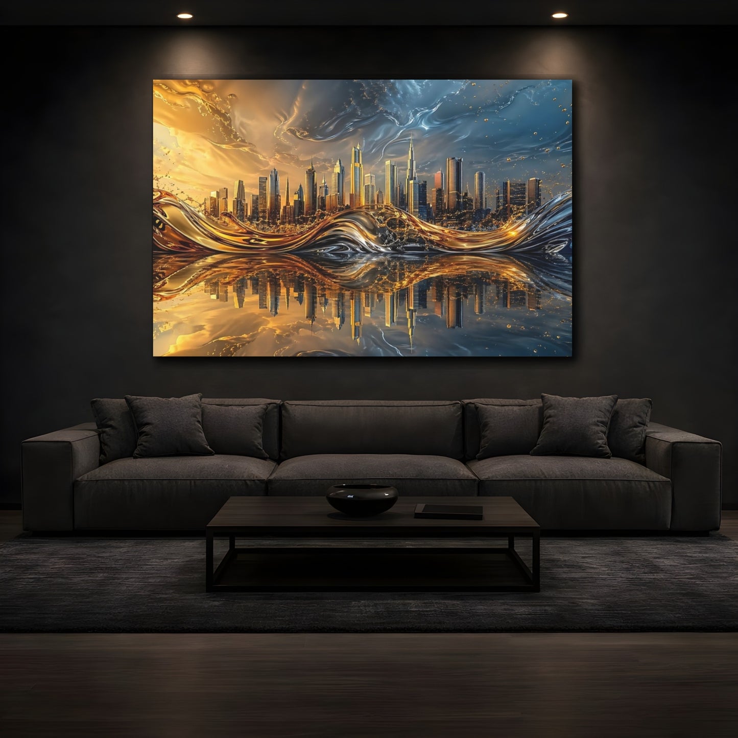 Mockup 4. Abstract Cityscape Gold Blue City shown as stretched canvas wall art