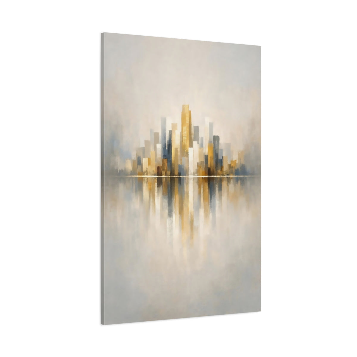 Main Mockup. Abstract Cityscape Gold Grey Cityscape shown as stretched canvas wall art