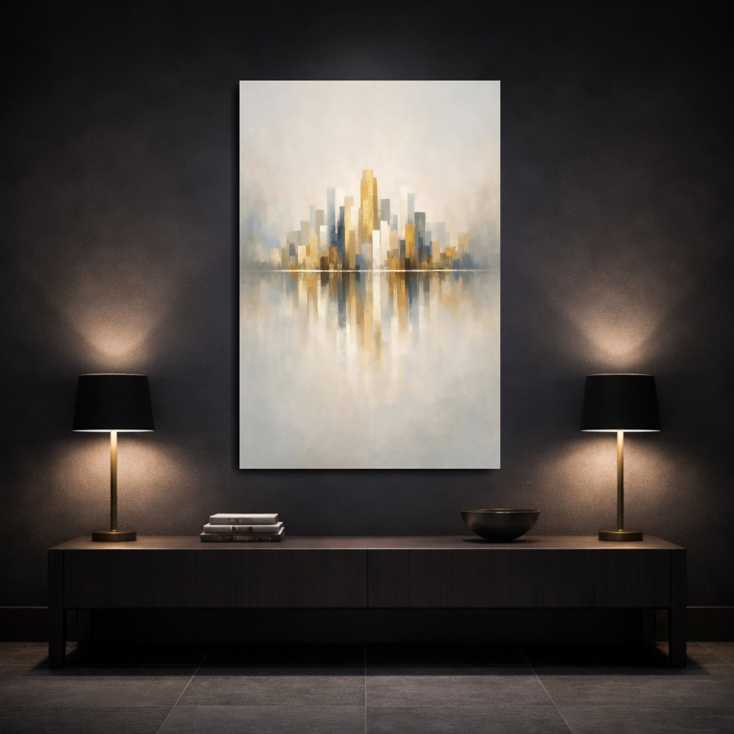 Mockup 2. Abstract Cityscape Gold Grey Cityscape shown as stretched canvas wall art