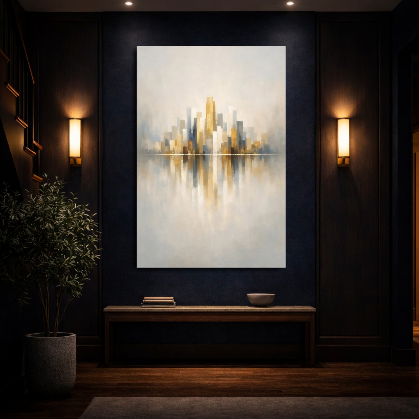 Mockup 3. Abstract Cityscape Gold Grey Cityscape shown as stretched canvas wall art