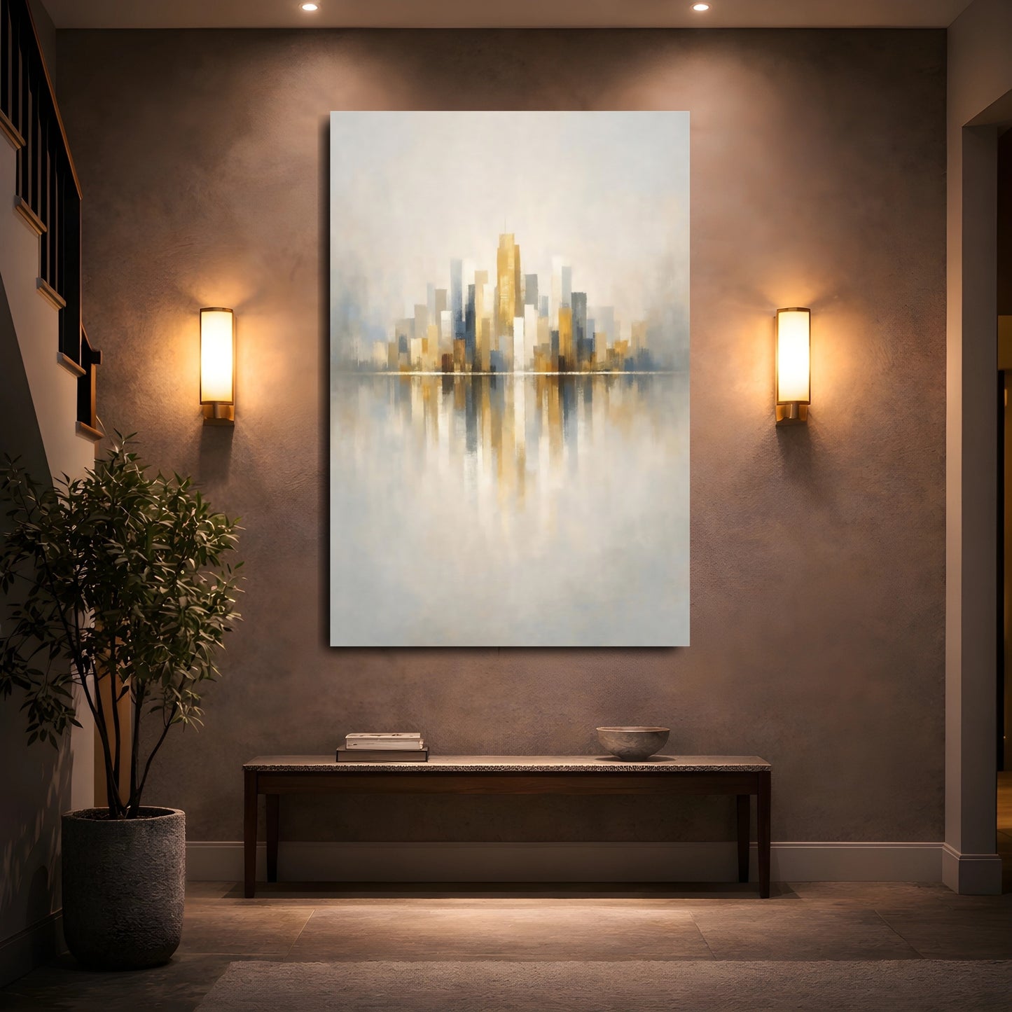 Mockup 4. Abstract Cityscape Gold Grey Cityscape shown as stretched canvas wall art