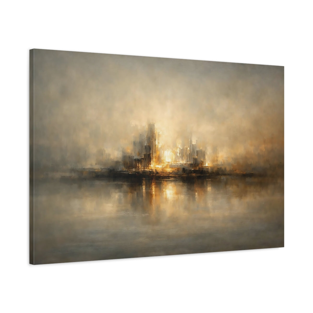 Side Mockup 1. Abstract Cityscape Golden Cityscape shown as stretched canvas wall art