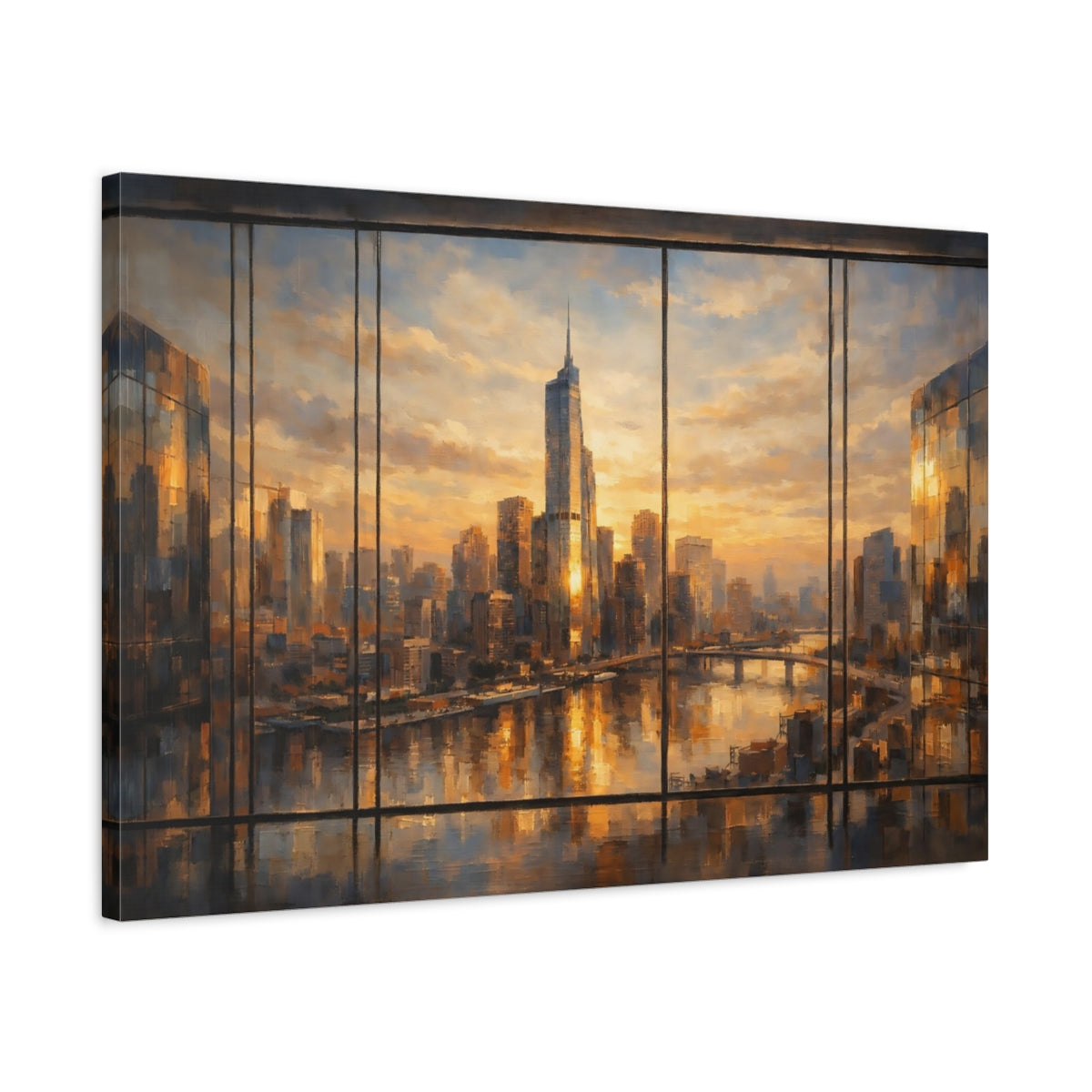 Side Mockup 2. Abstract Cityscape Golden Cityscape shown as stretched canvas wall art