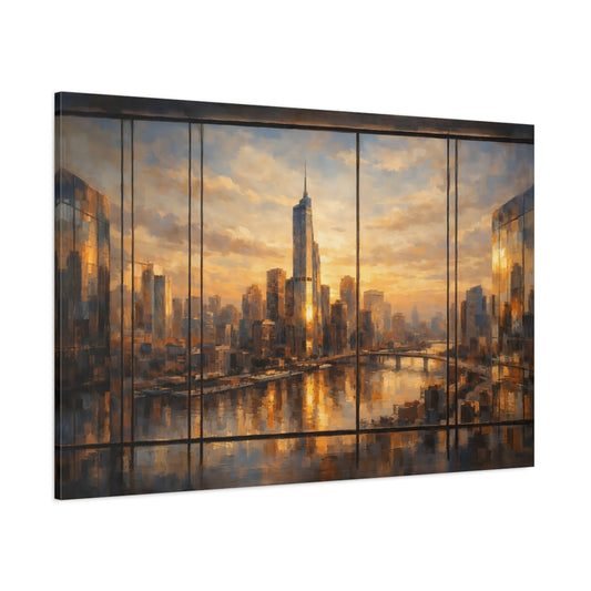 Main Mockup. Abstract Cityscape Golden Cityscape shown as stretched canvas wall art