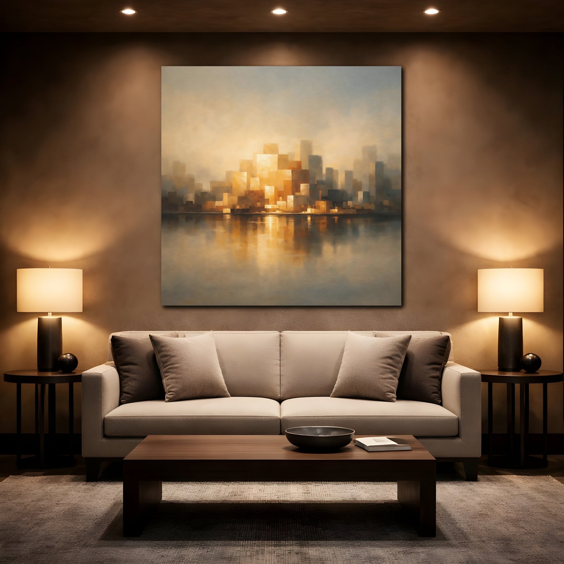 Mockup 2. Abstract Cityscape Golden Cityscape shown as stretched canvas wall art