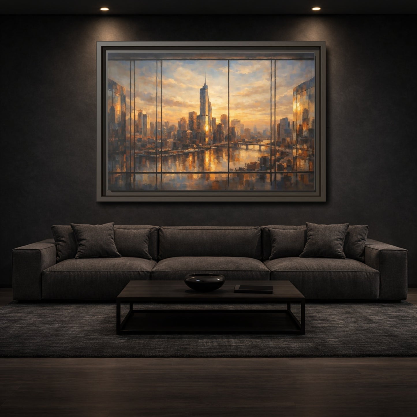 Mockup 2. Abstract Cityscape Golden Cityscape shown as stretched canvas wall art