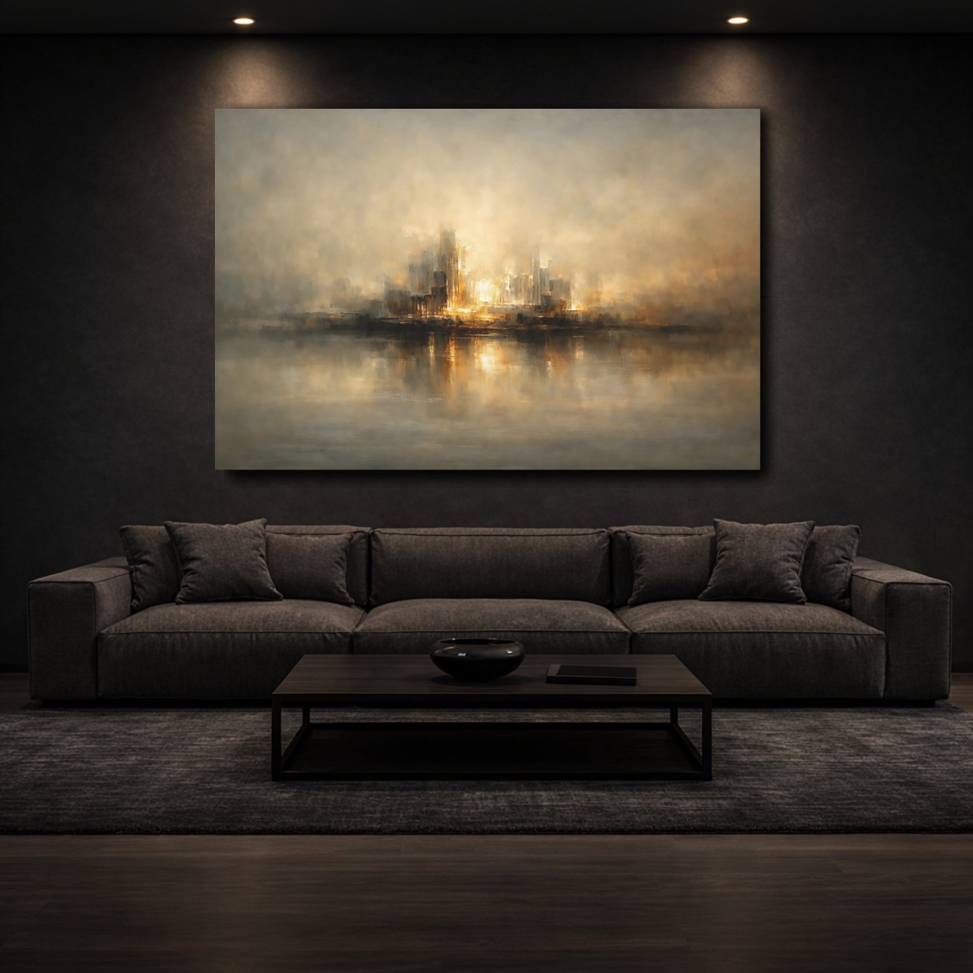 Mockup 2. Abstract Cityscape Golden Cityscape shown as stretched canvas wall art