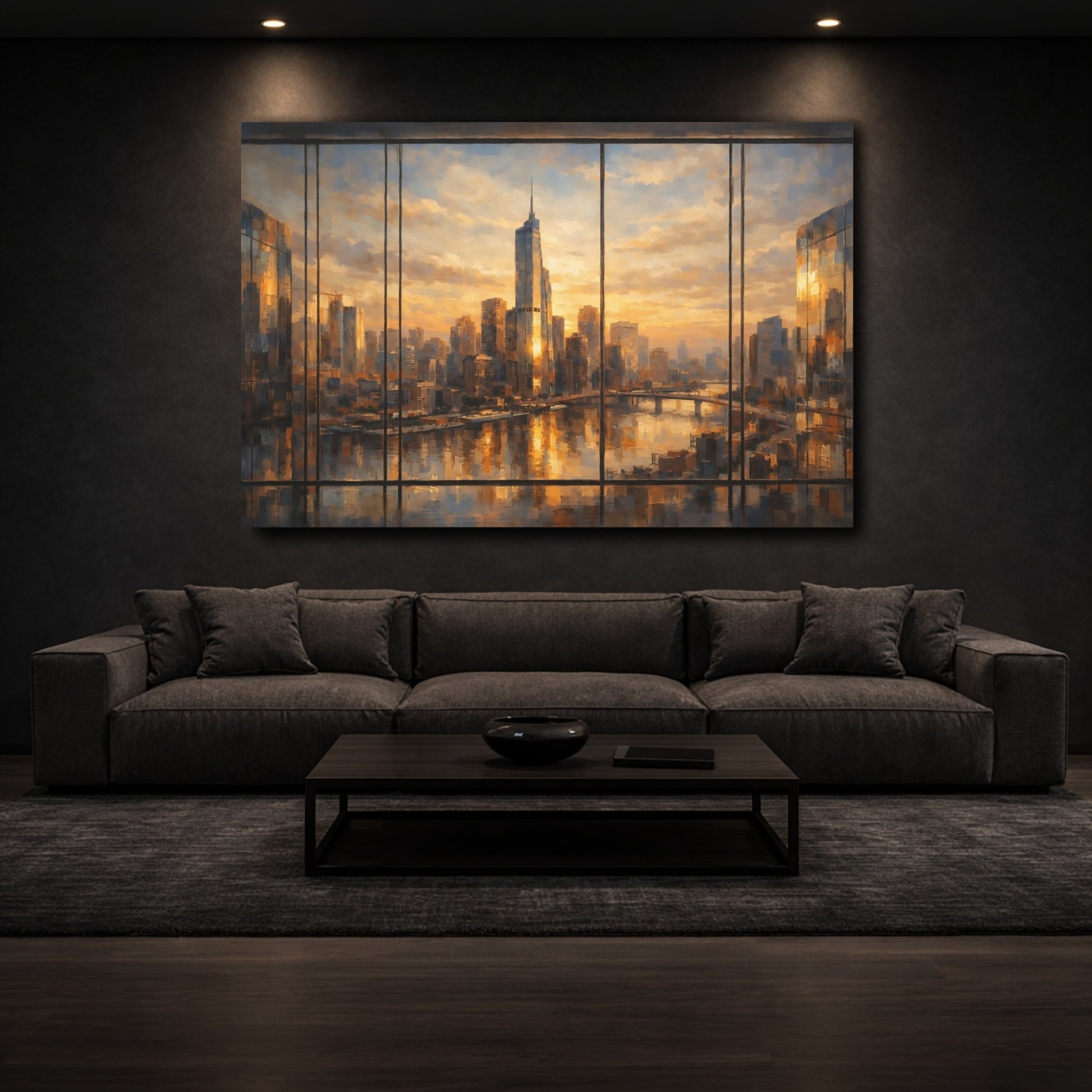 Mockup 2. Abstract Cityscape Golden Cityscape shown as stretched canvas wall art