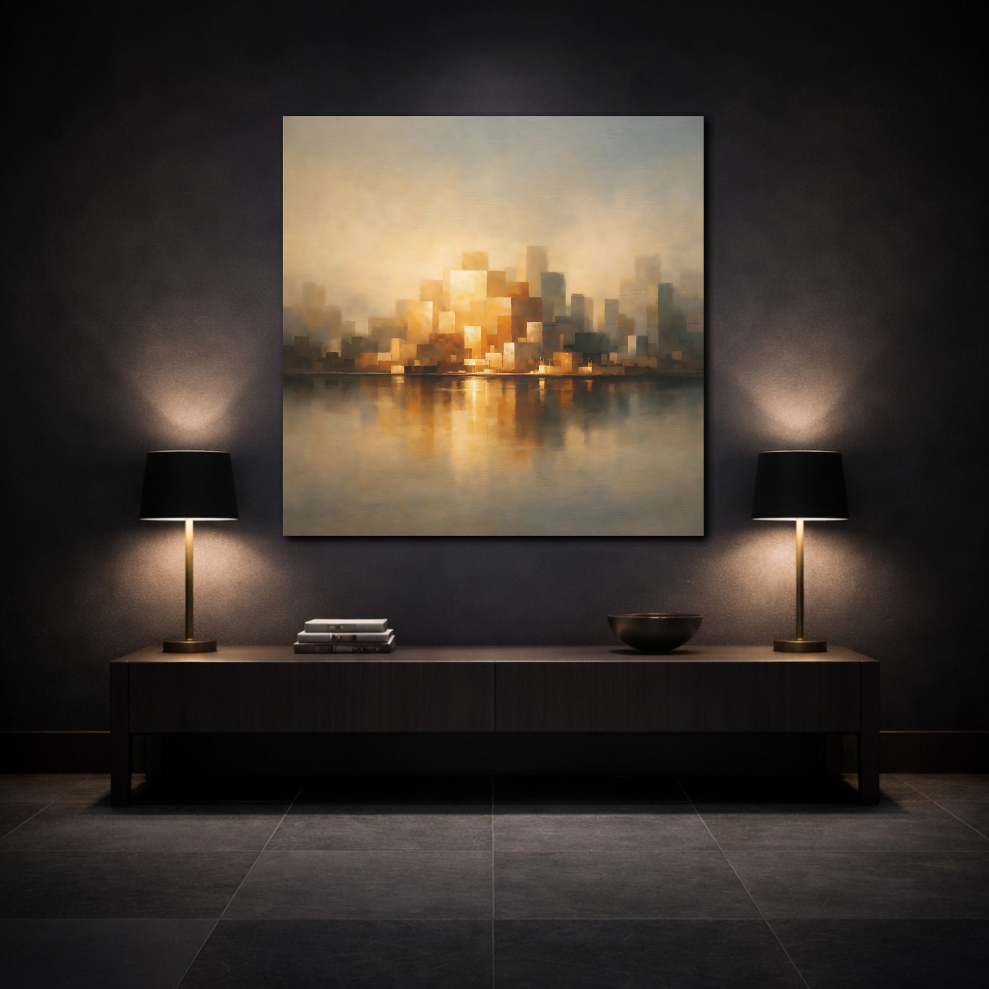 Mockup 3. Abstract Cityscape Golden Cityscape shown as stretched canvas wall art