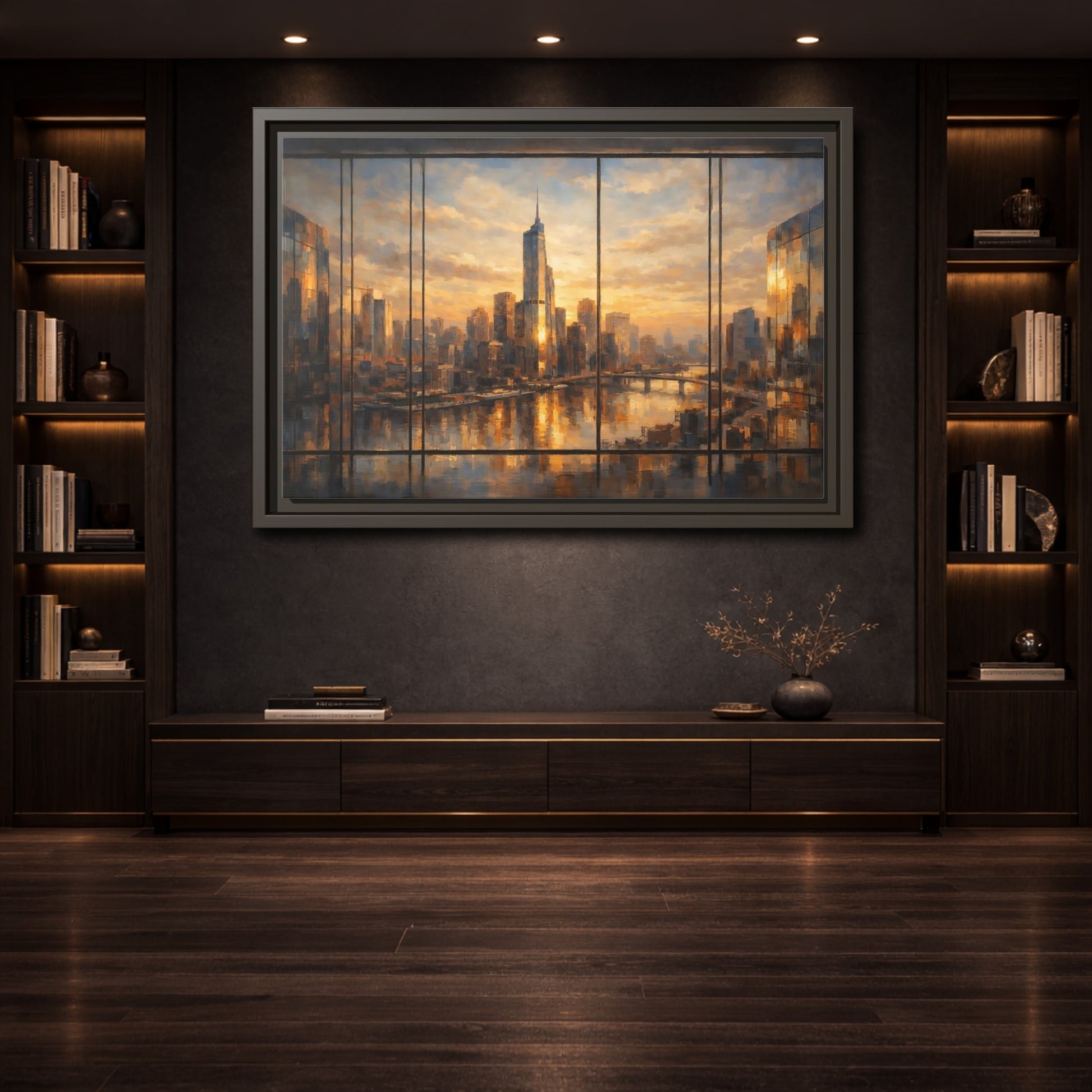 Mockup 3. Abstract Cityscape Golden Cityscape shown as stretched canvas wall art