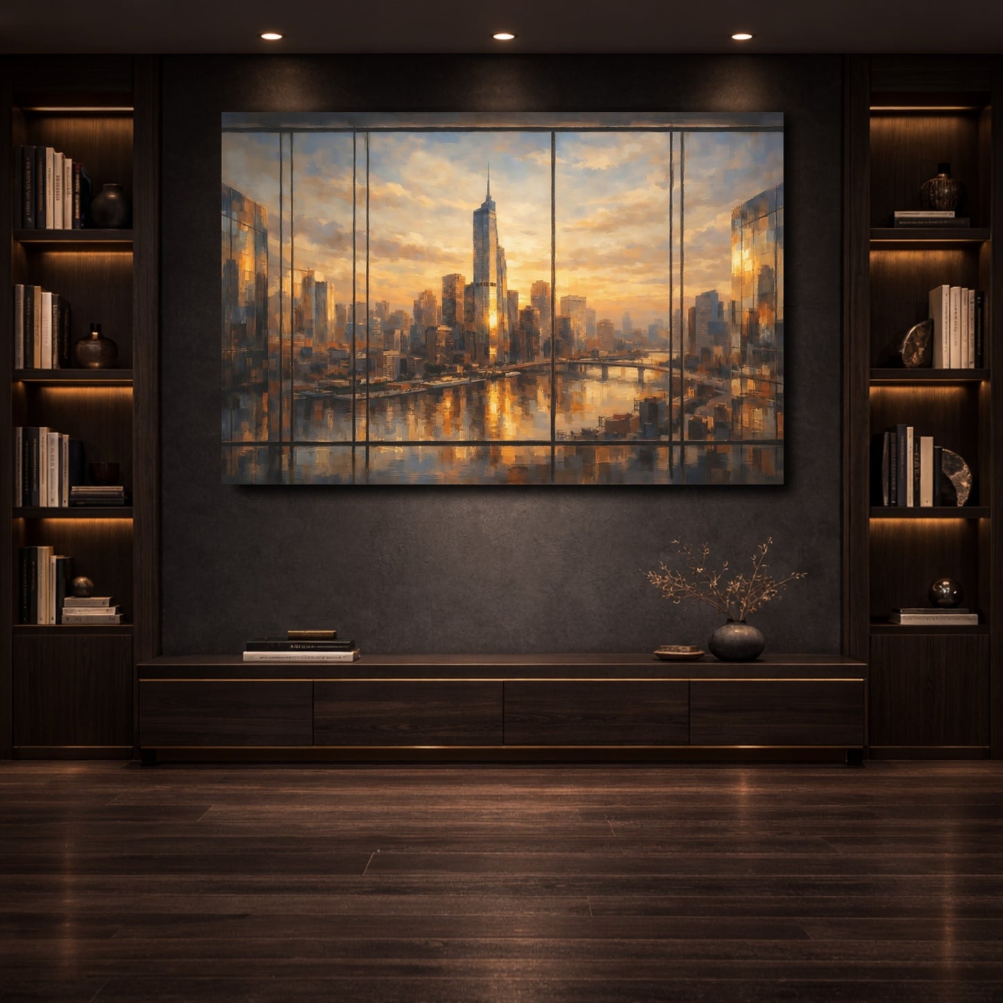 Mockup 3. Abstract Cityscape Golden Cityscape shown as stretched canvas wall art