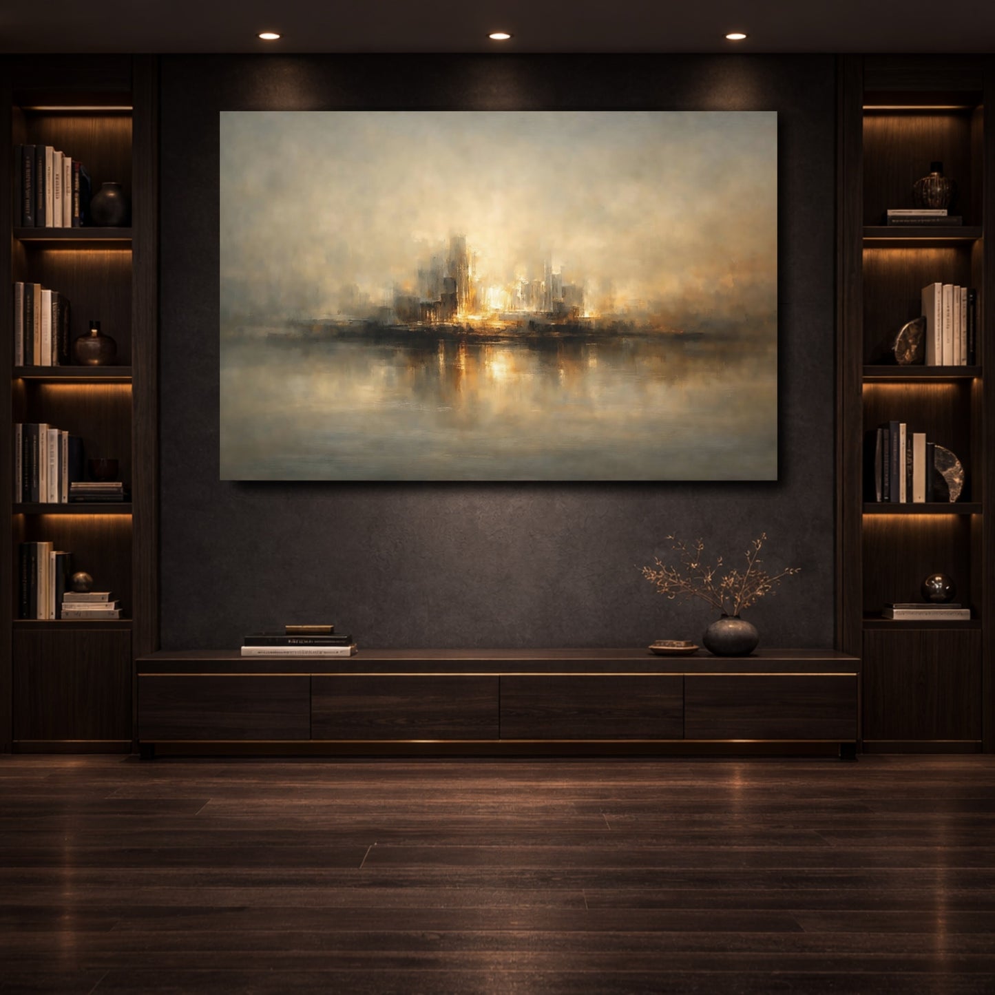 Mockup 3. Abstract Cityscape Golden Cityscape shown as stretched canvas wall art