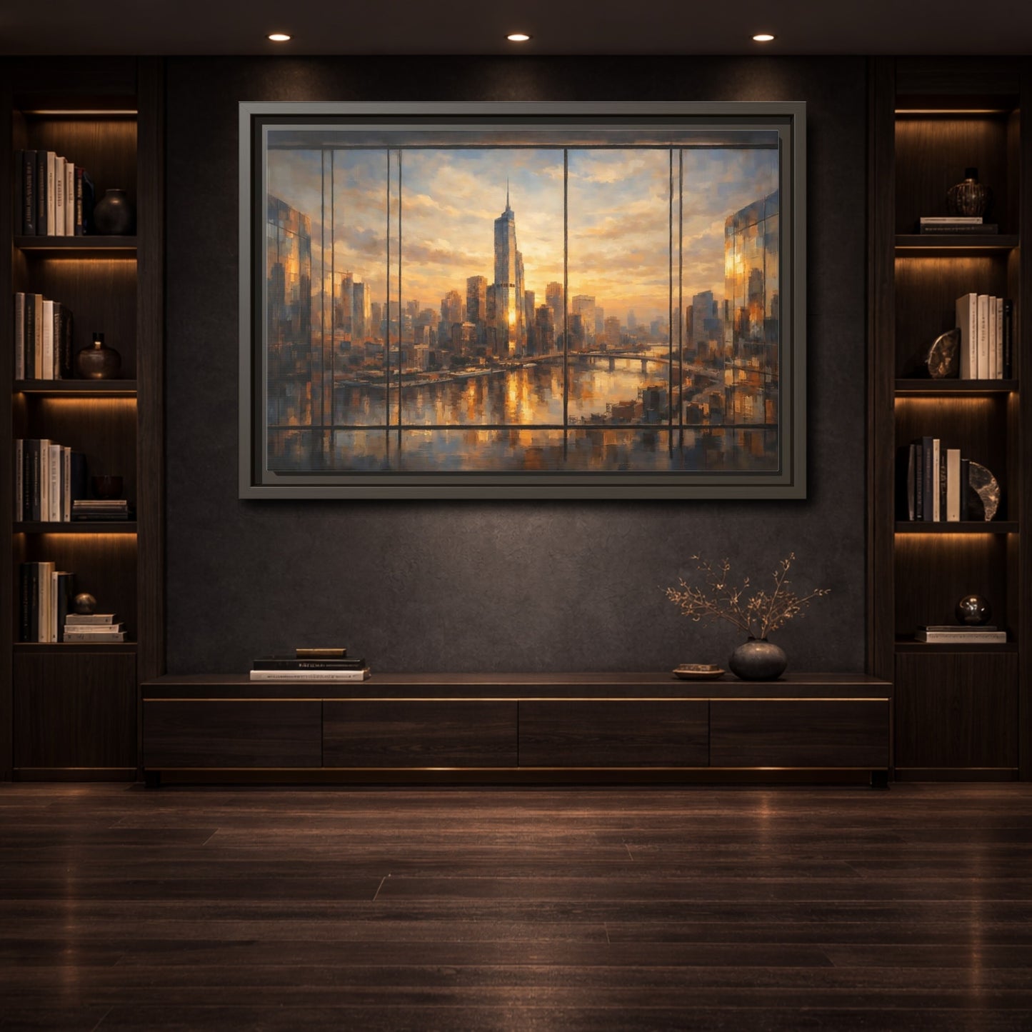 Mockup 3. Abstract Cityscape Golden Cityscape shown as stretched canvas wall art
