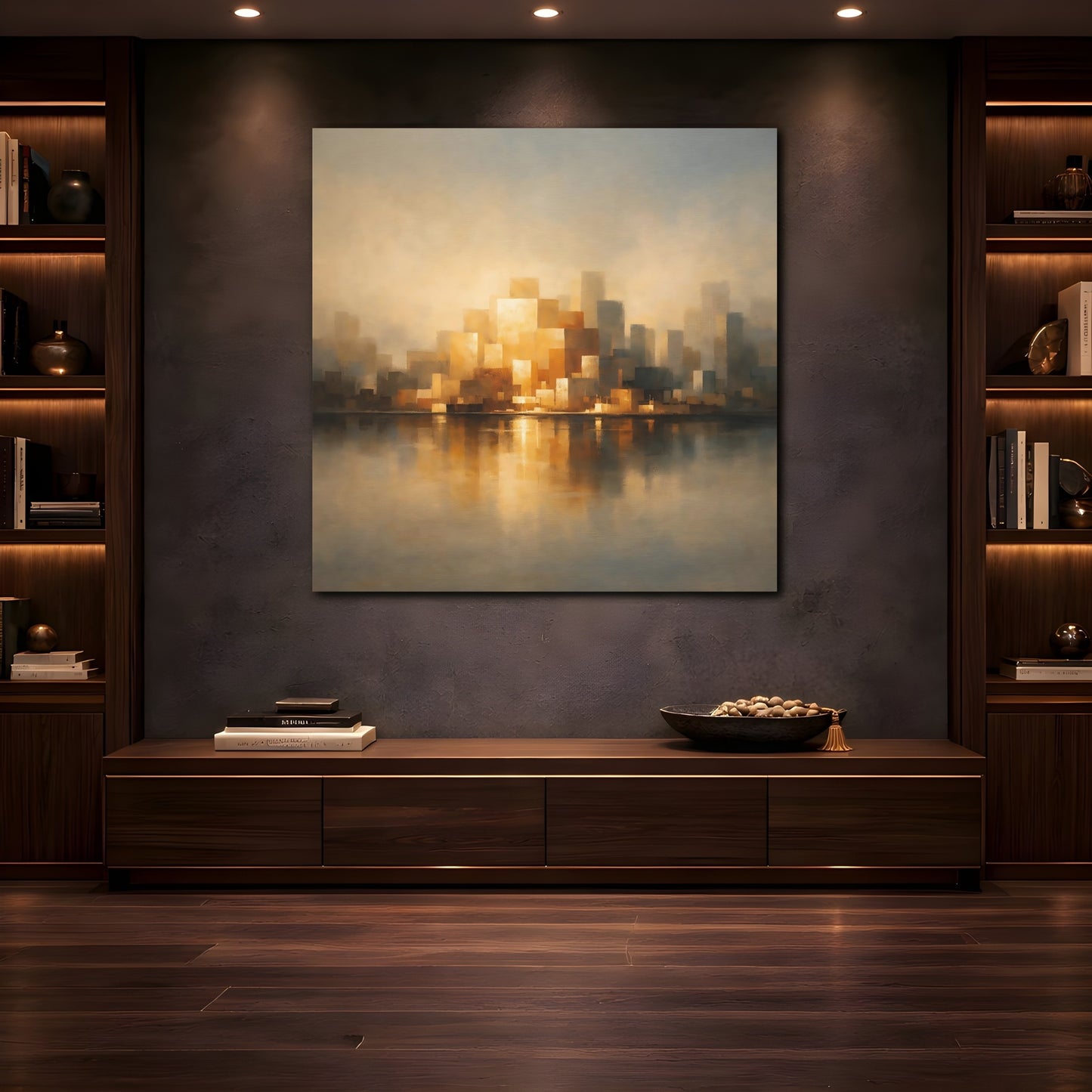 Mockup 4. Abstract Cityscape Golden Cityscape shown as stretched canvas wall art