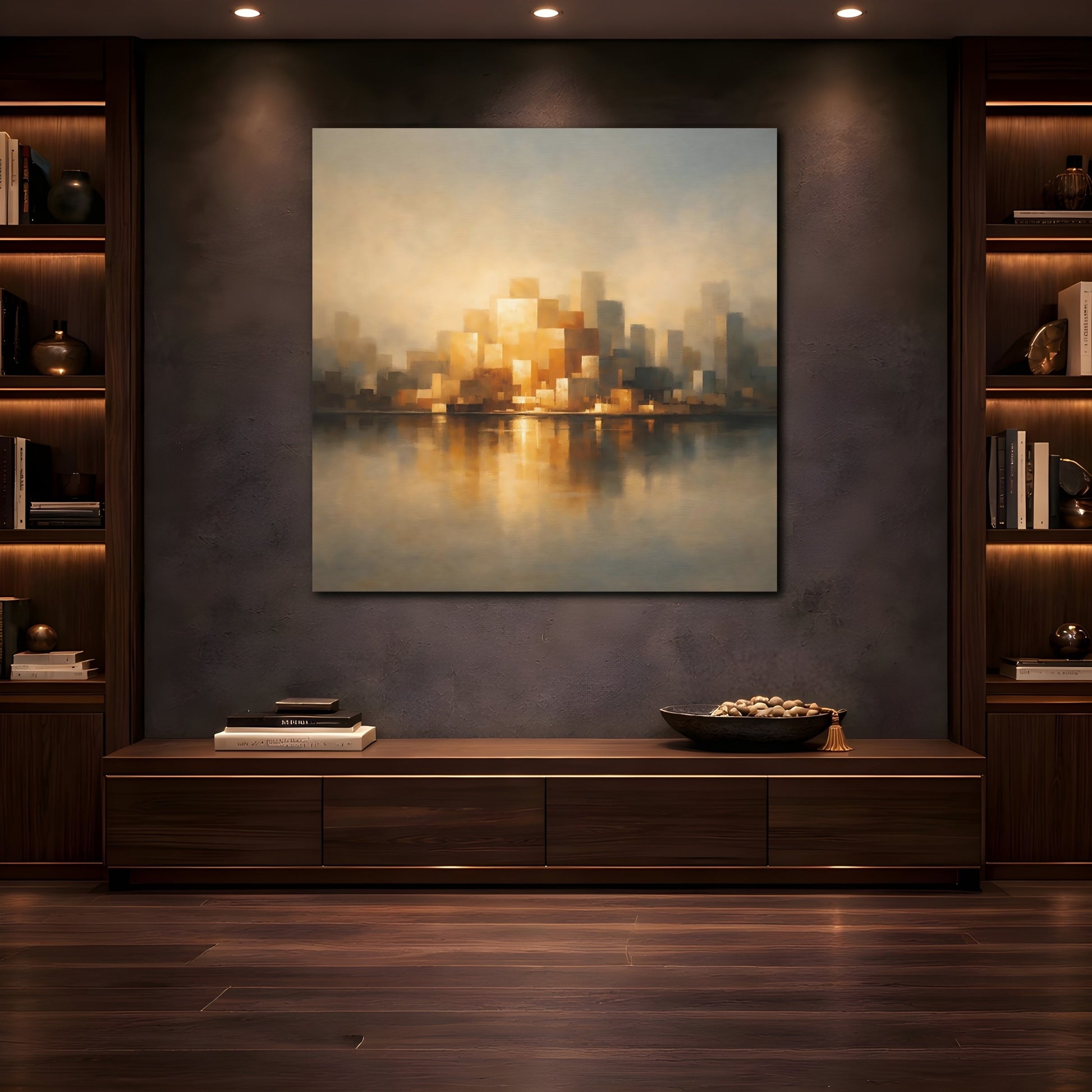 Mockup 4. Abstract Cityscape Golden Cityscape shown as stretched canvas wall art