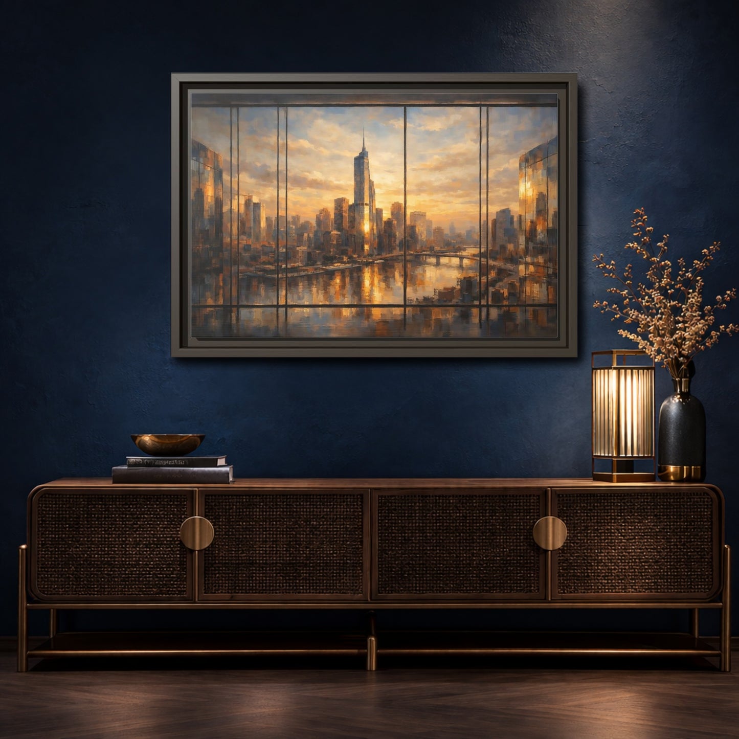Mockup 4. Abstract Cityscape Golden Cityscape shown as stretched canvas wall art