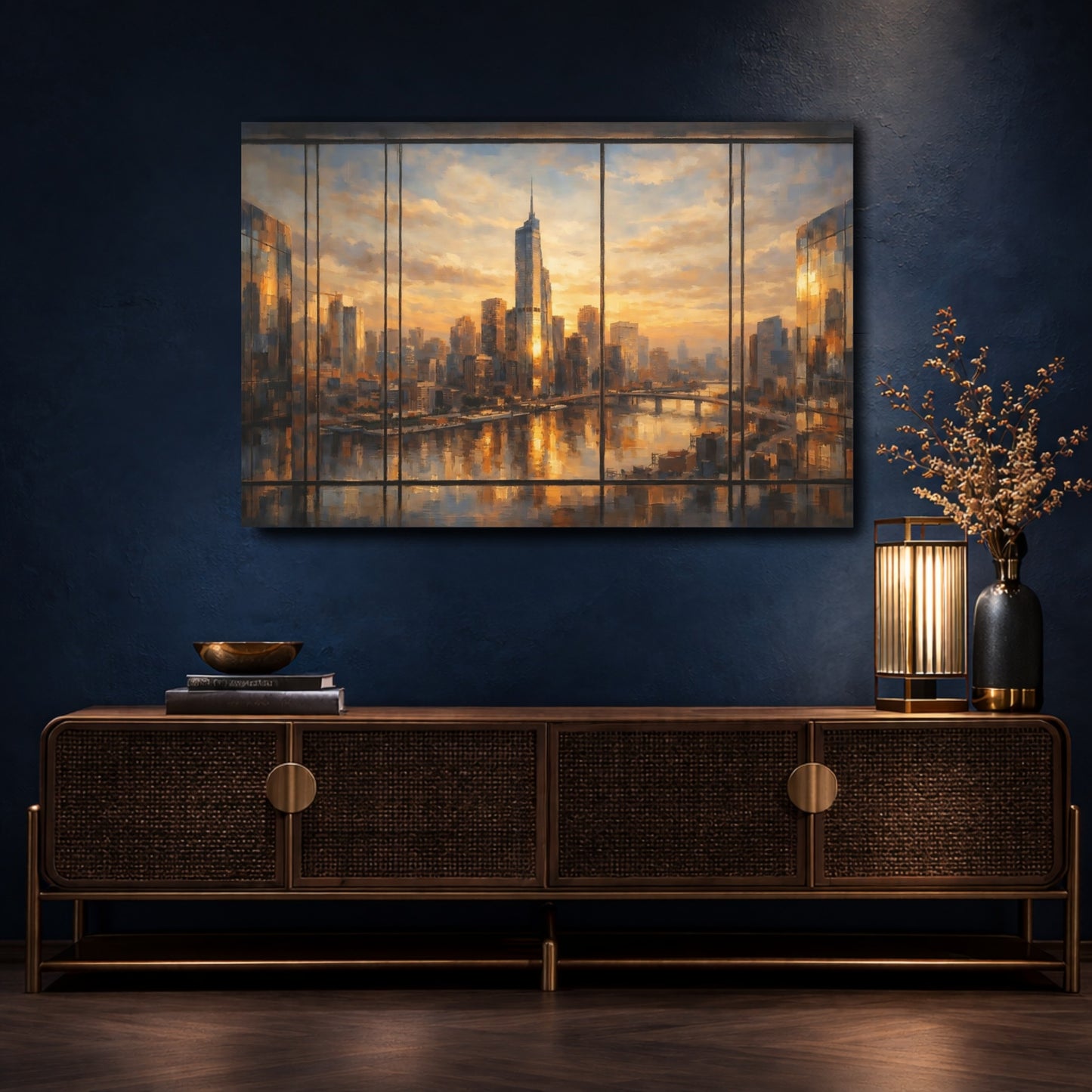 Mockup 4. Abstract Cityscape Golden Cityscape shown as stretched canvas wall art