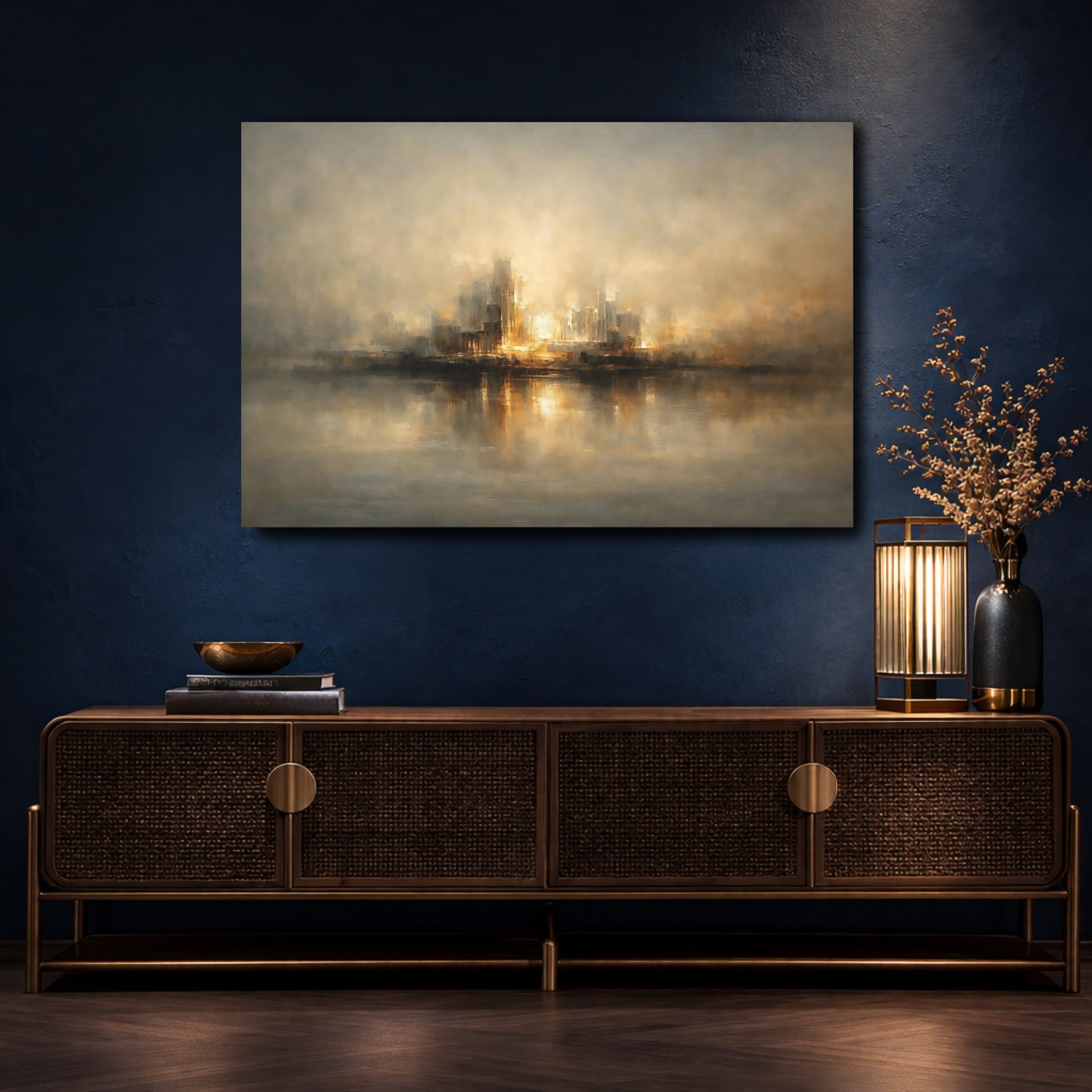 Mockup 4. Abstract Cityscape Golden Cityscape shown as stretched canvas wall art