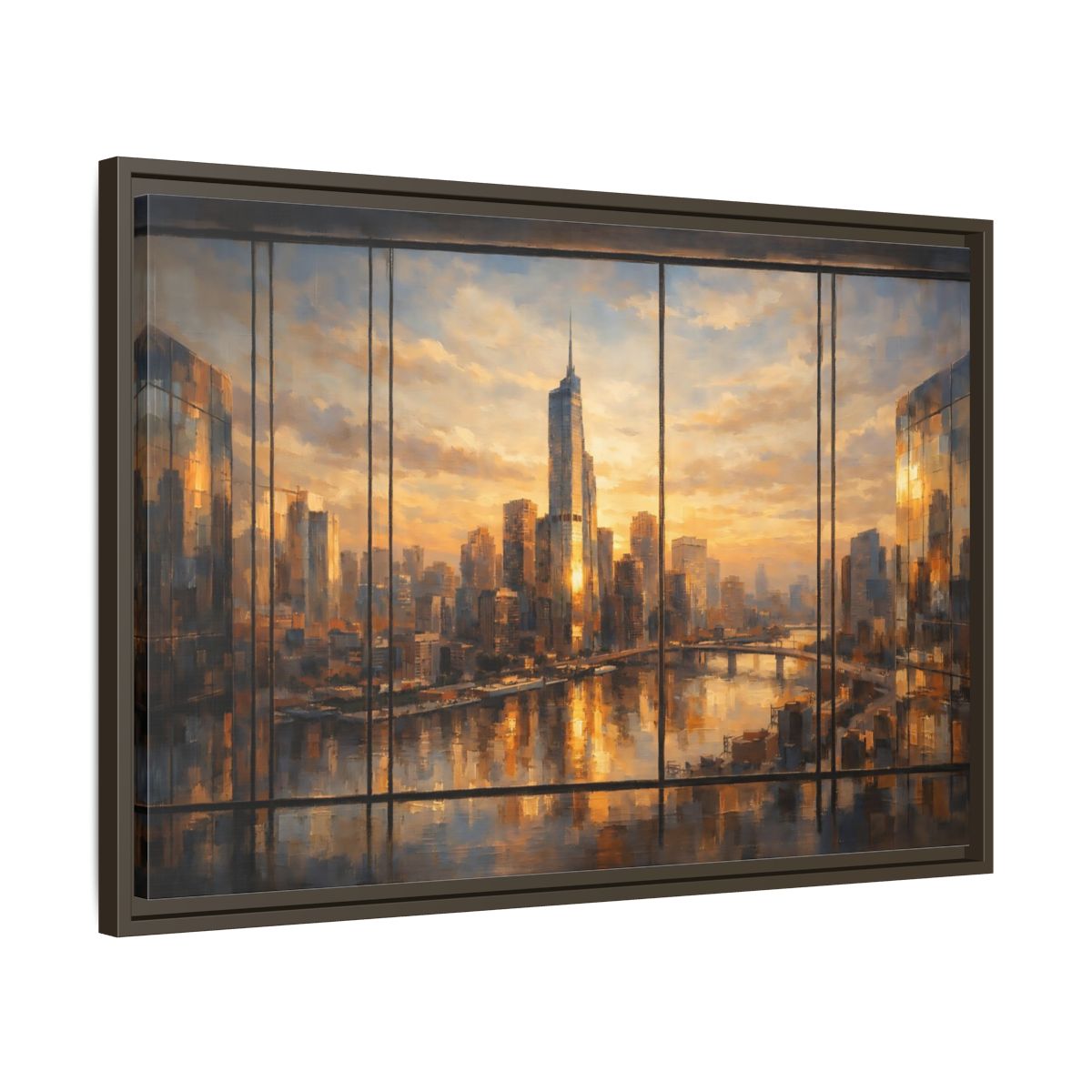Side Mockup 11. Abstract Cityscape Golden Cityscape shown as stretched canvas wall art