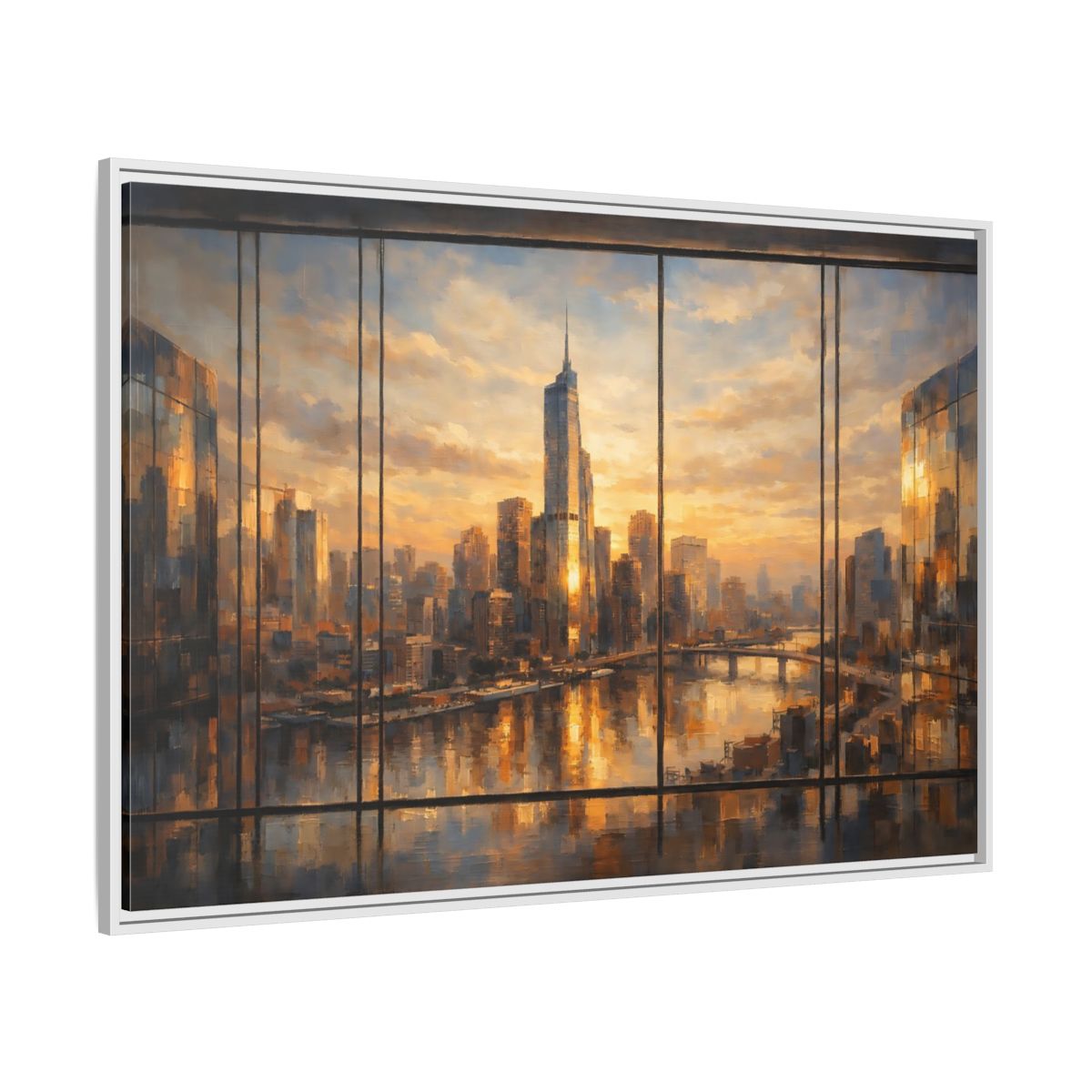 Side Mockup 7. Abstract Cityscape Golden Cityscape shown as stretched canvas wall art