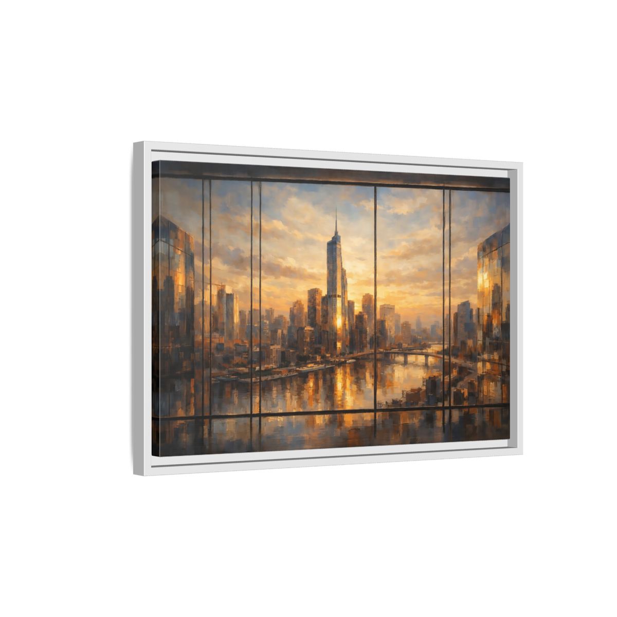 Side Mockup 1. Abstract Cityscape Golden Cityscape shown as stretched canvas wall art