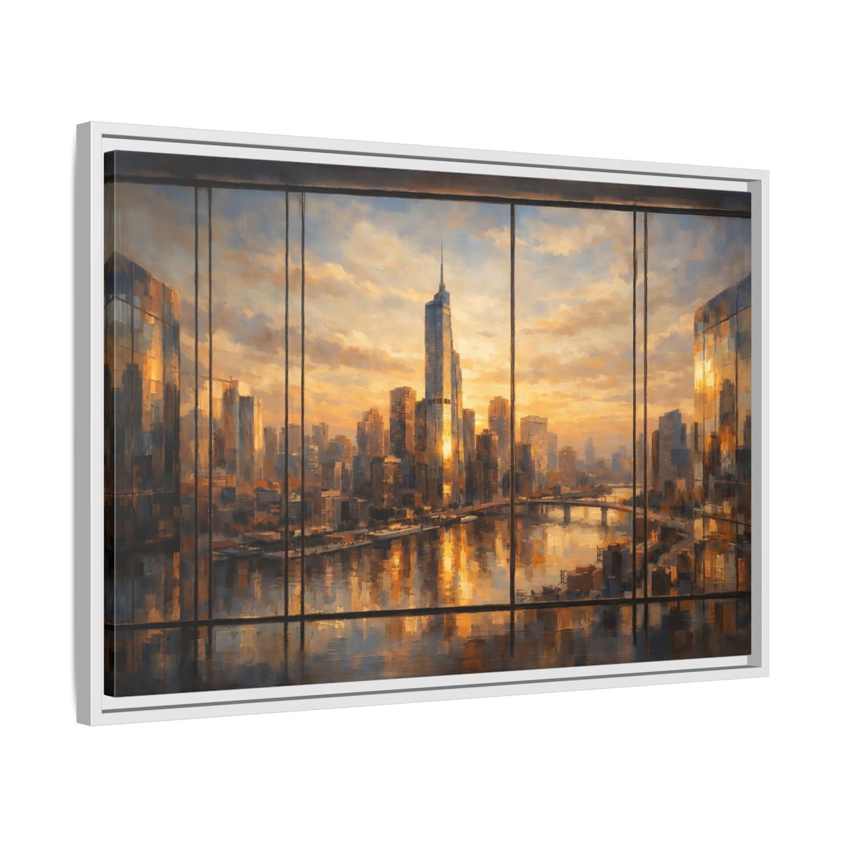 Side Mockup 10. Abstract Cityscape Golden Cityscape shown as stretched canvas wall art