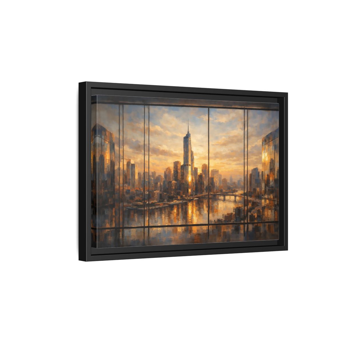 Side Mockup 6. Abstract Cityscape Golden Cityscape shown as stretched canvas wall art