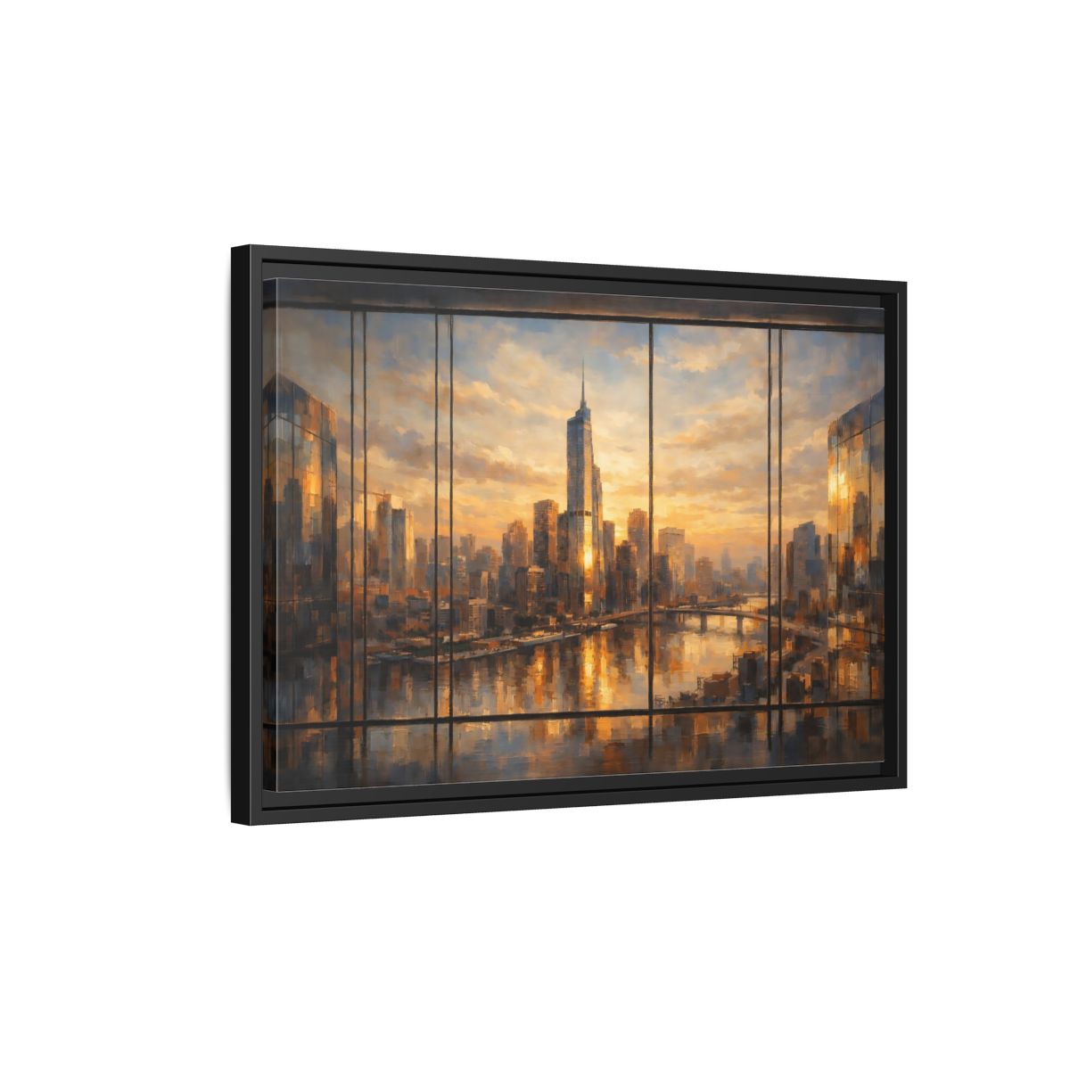 Side Mockup 3. Abstract Cityscape Golden Cityscape shown as stretched canvas wall art