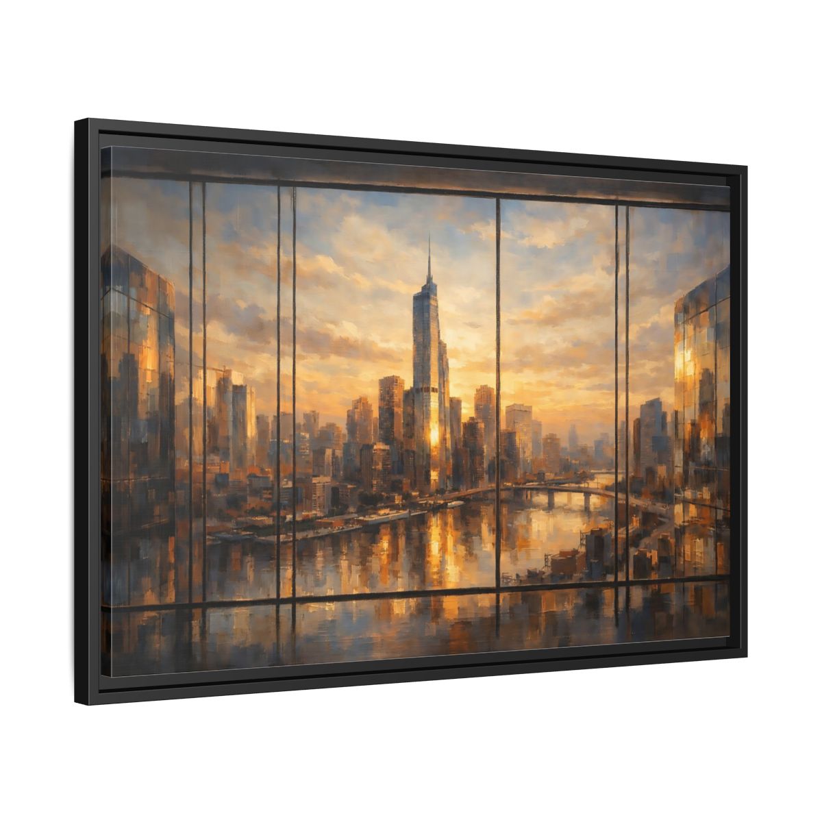 Side Mockup 14. Abstract Cityscape Golden Cityscape shown as stretched canvas wall art