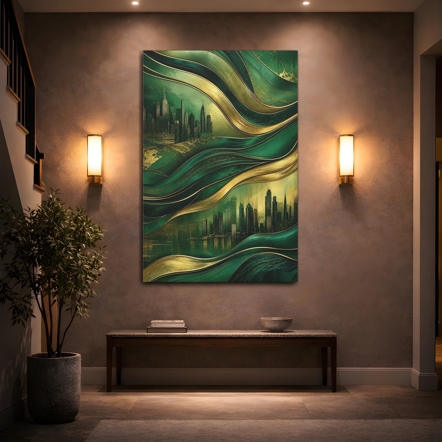 Mockup 2. Abstract Cityscape Green Gold Abstract shown as stretched canvas wall art