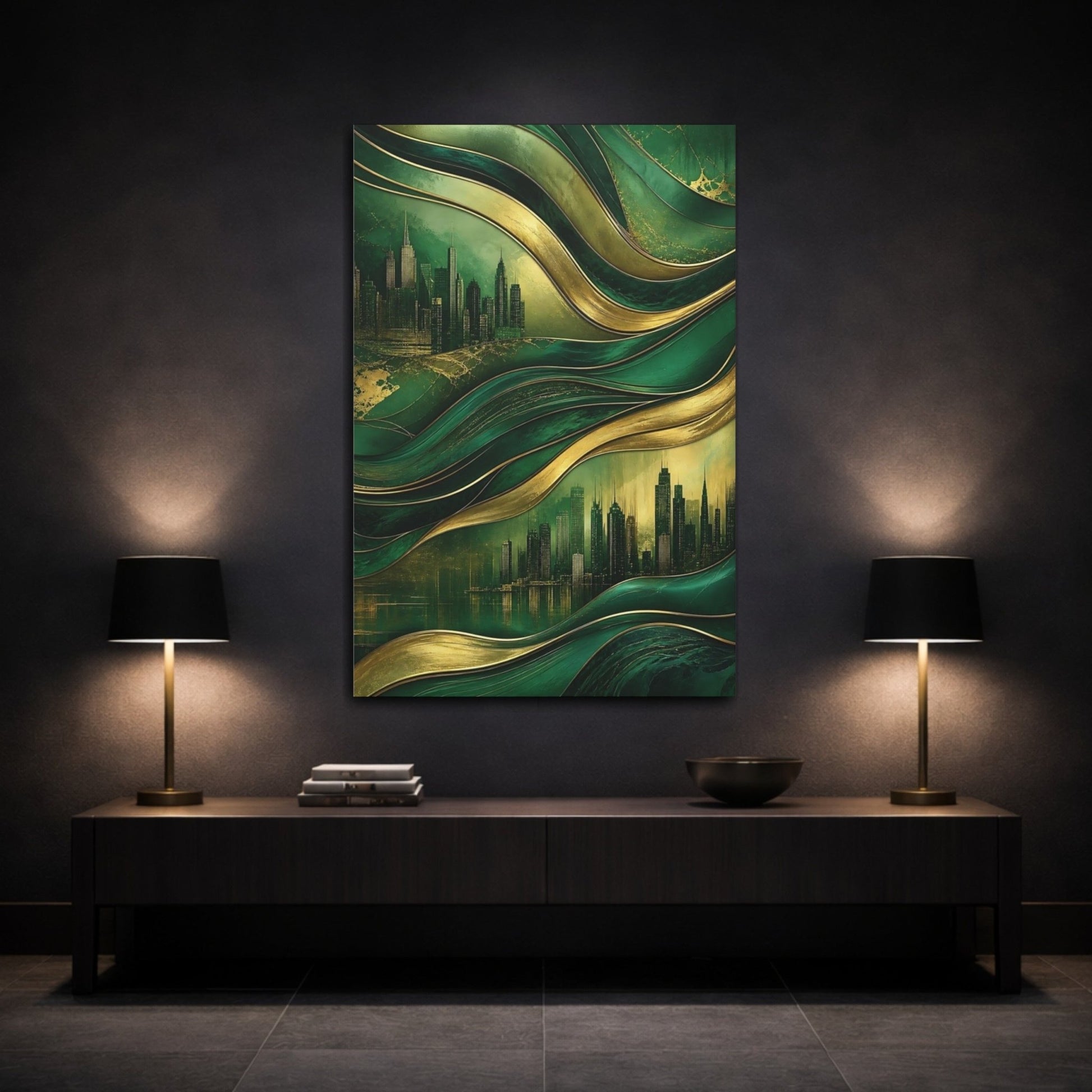 Abstract Cityscape Green Gold Canvas Print – Decor for Living Room, Above Couch - YesArtYes