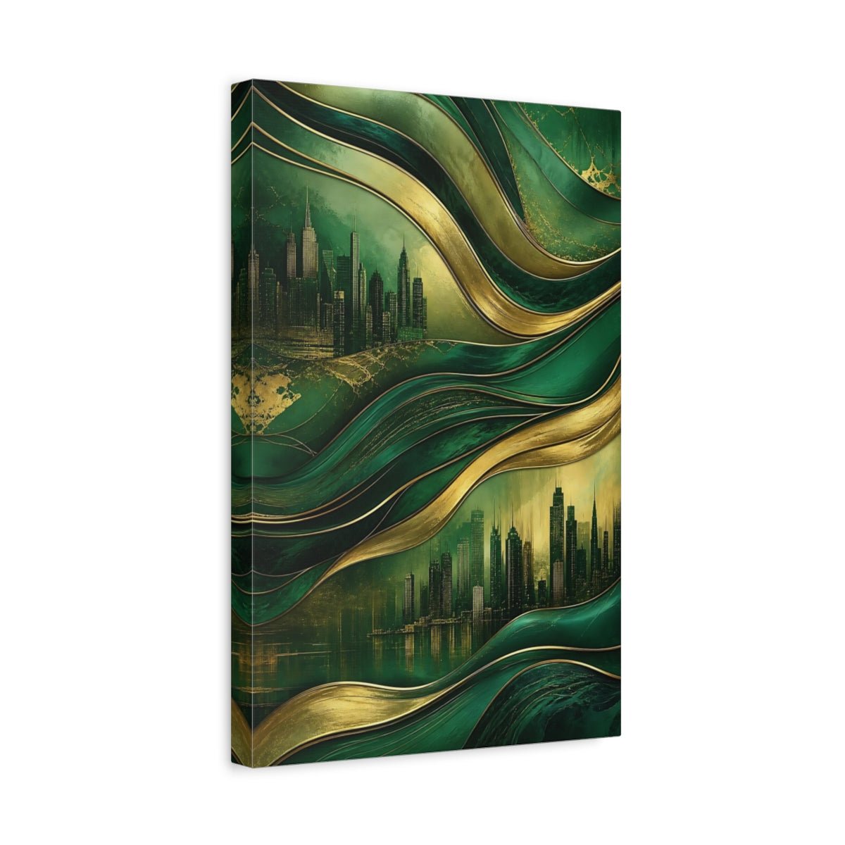 Abstract Cityscape Green Gold Canvas Print – Decor for Living Room, Above Couch - YesArtYes