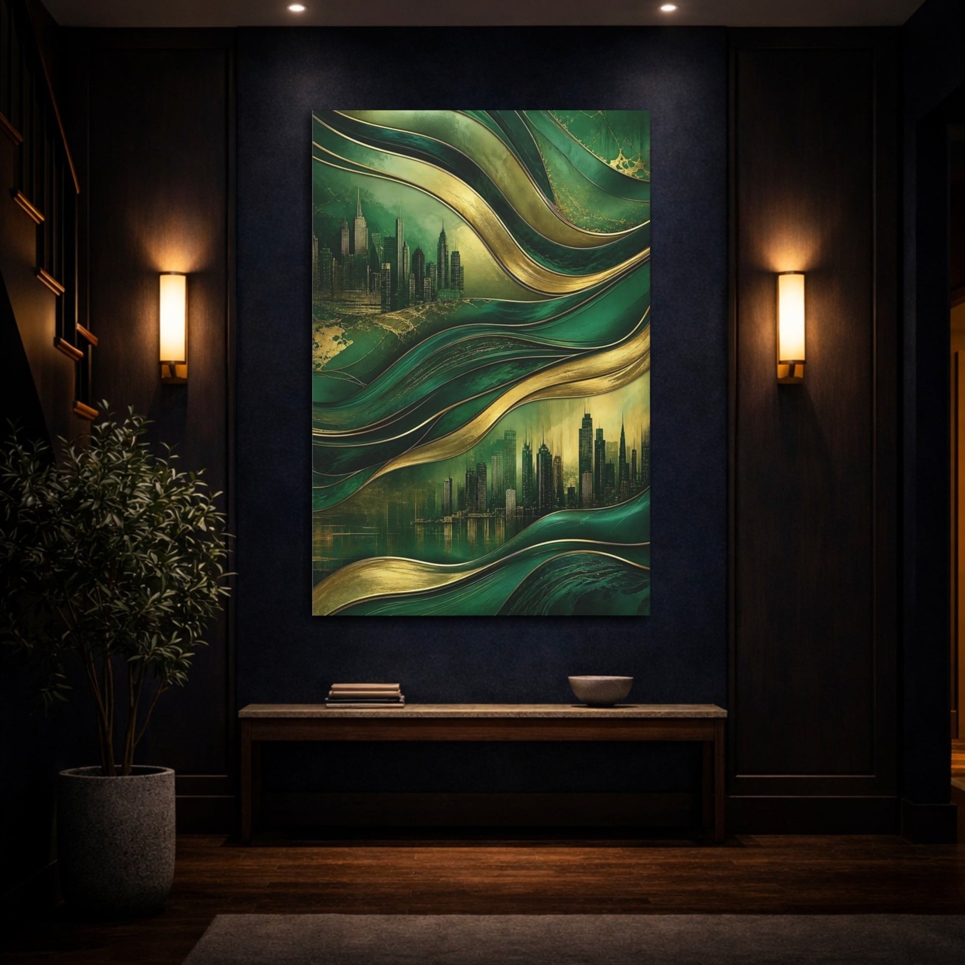 Abstract Cityscape Green Gold Canvas Print – Decor for Living Room, Above Couch - YesArtYes