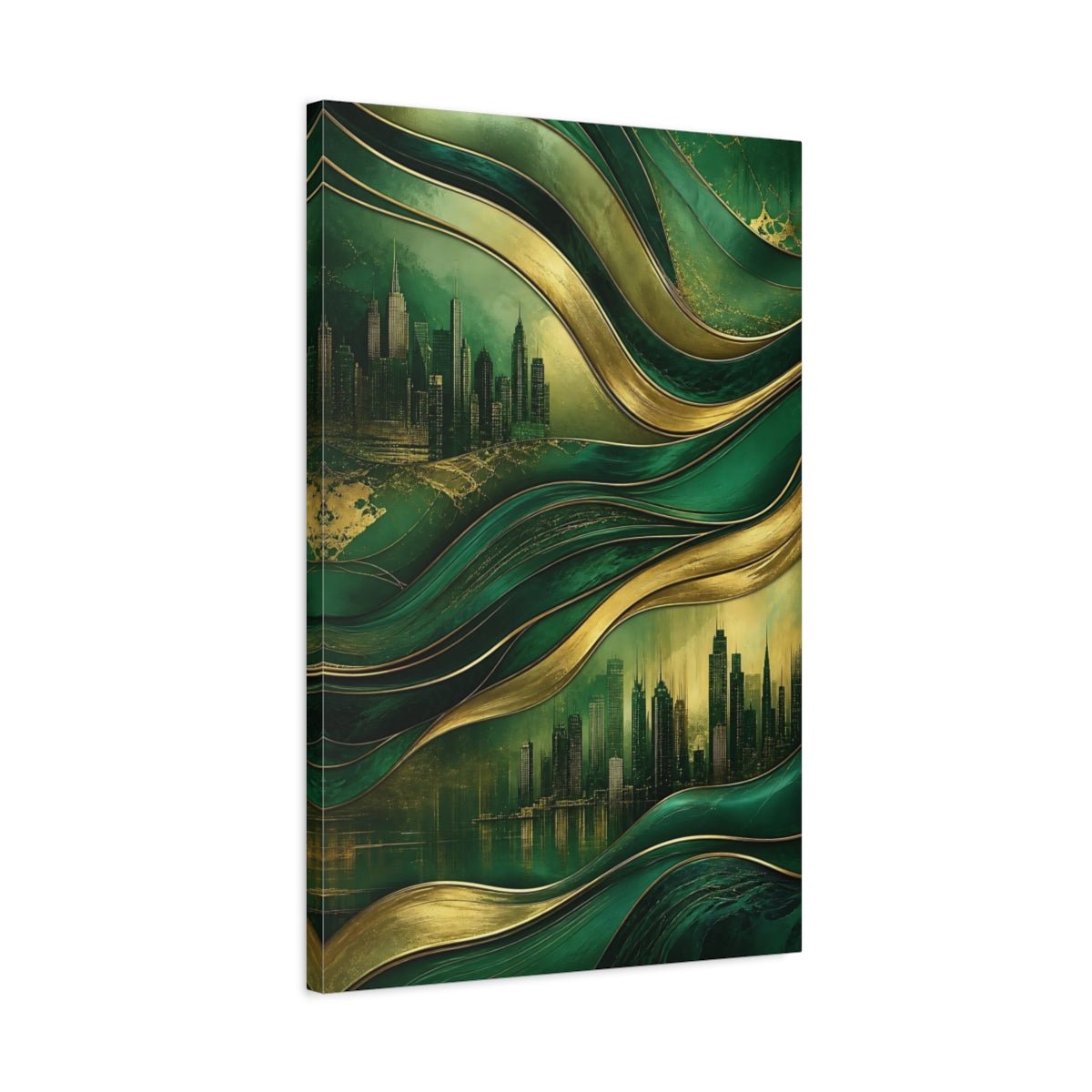 Abstract Cityscape Green Gold Canvas Print – Decor for Living Room, Above Couch - YesArtYes