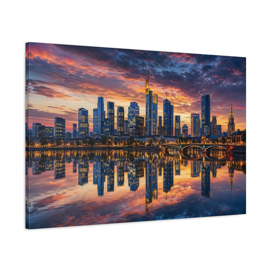 Main Mockup. Abstract Cityscape Orange And Blue shown as stretched canvas wall art
