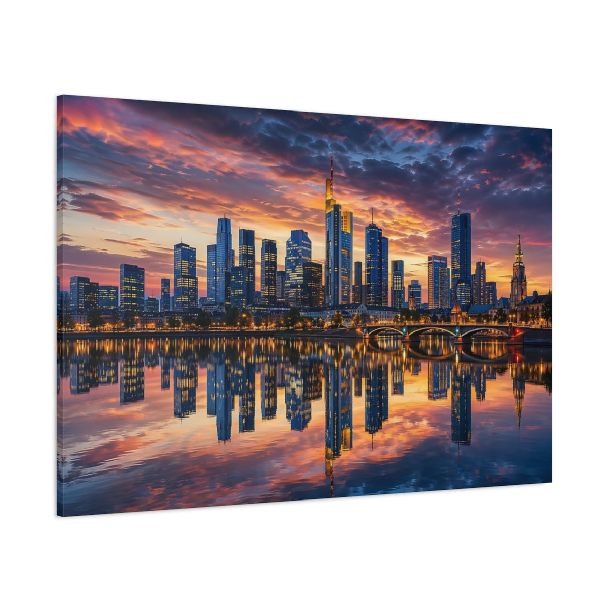 Side Mockup 1. Abstract Cityscape Orange And Blue shown as stretched canvas wall art
