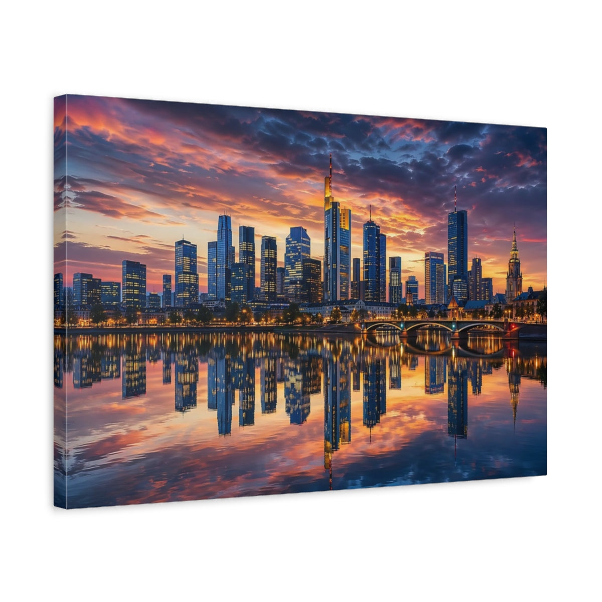 Side Mockup 3. Abstract Cityscape Orange And Blue shown as stretched canvas wall art