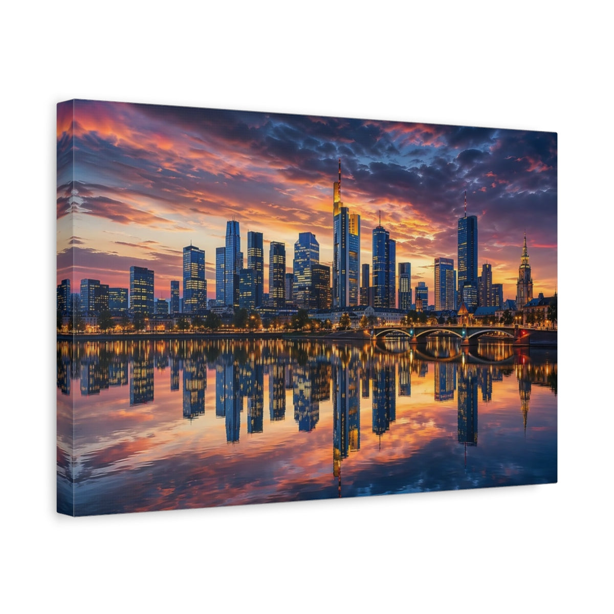 Side Mockup 4. Abstract Cityscape Orange And Blue shown as stretched canvas wall art