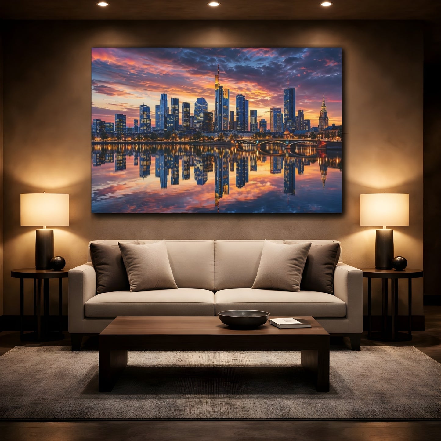 Mockup 2. Abstract Cityscape Orange And Blue shown as stretched canvas wall art
