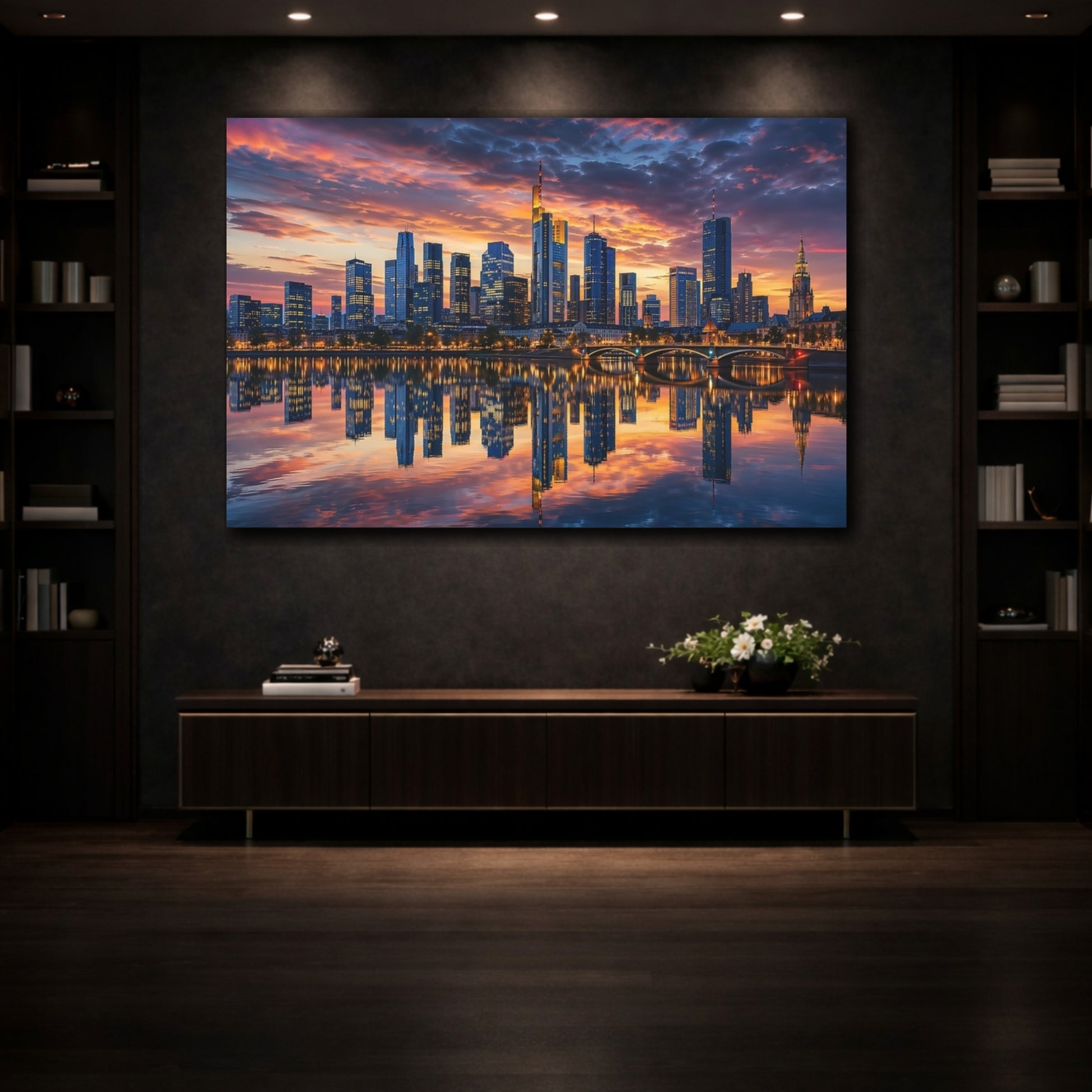 Mockup 3. Abstract Cityscape Orange And Blue shown as stretched canvas wall art