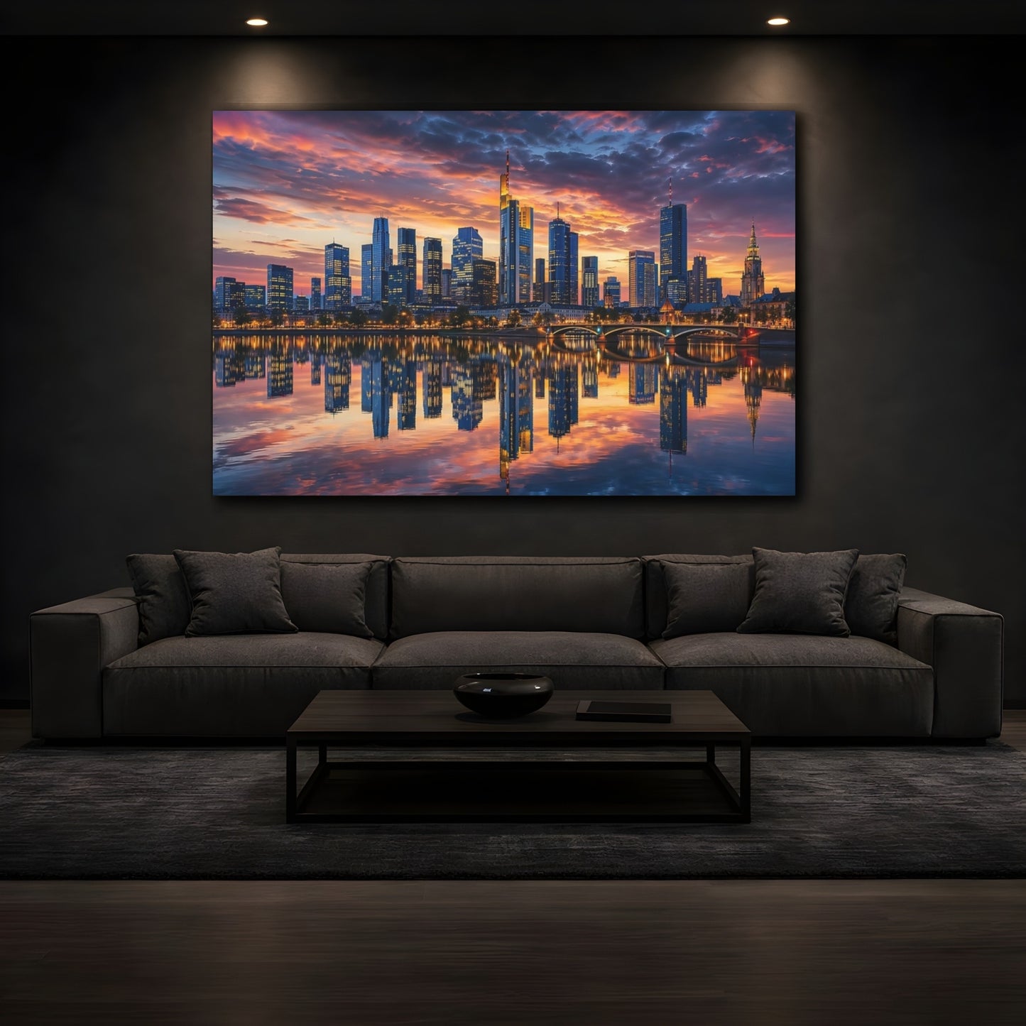 Mockup 4. Abstract Cityscape Orange And Blue shown as stretched canvas wall art