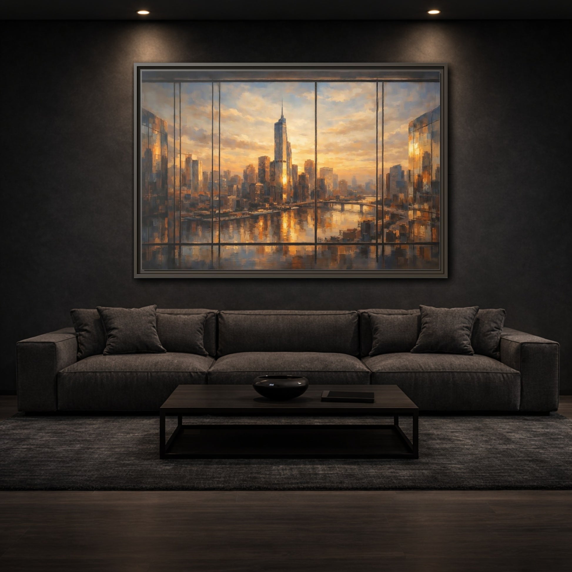 Mockup 2. Abstract Cityscape Orange Cityscape shown as stretched canvas wall art